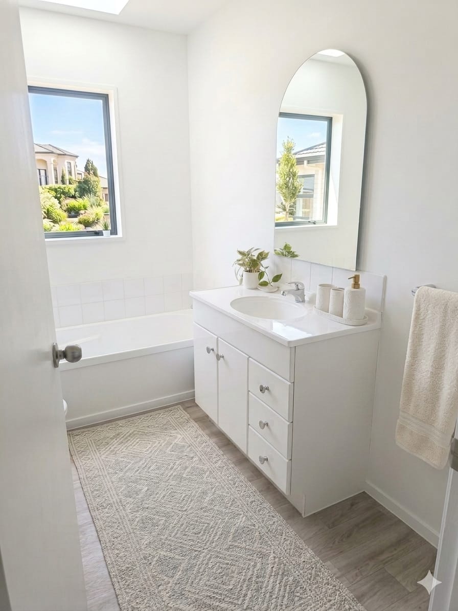 Bathroom with a white vanity, arched mirror, patterned runner rug, cream towel on the rail and a small plant beside the basin