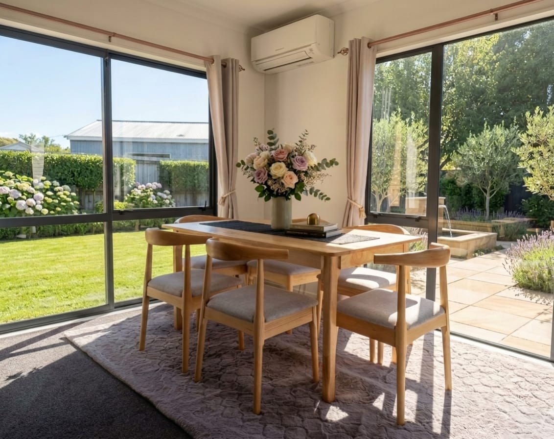 Staged dining room with a light timber table, six chairs, floral centrepiece and corner windows opening to a garden and patio