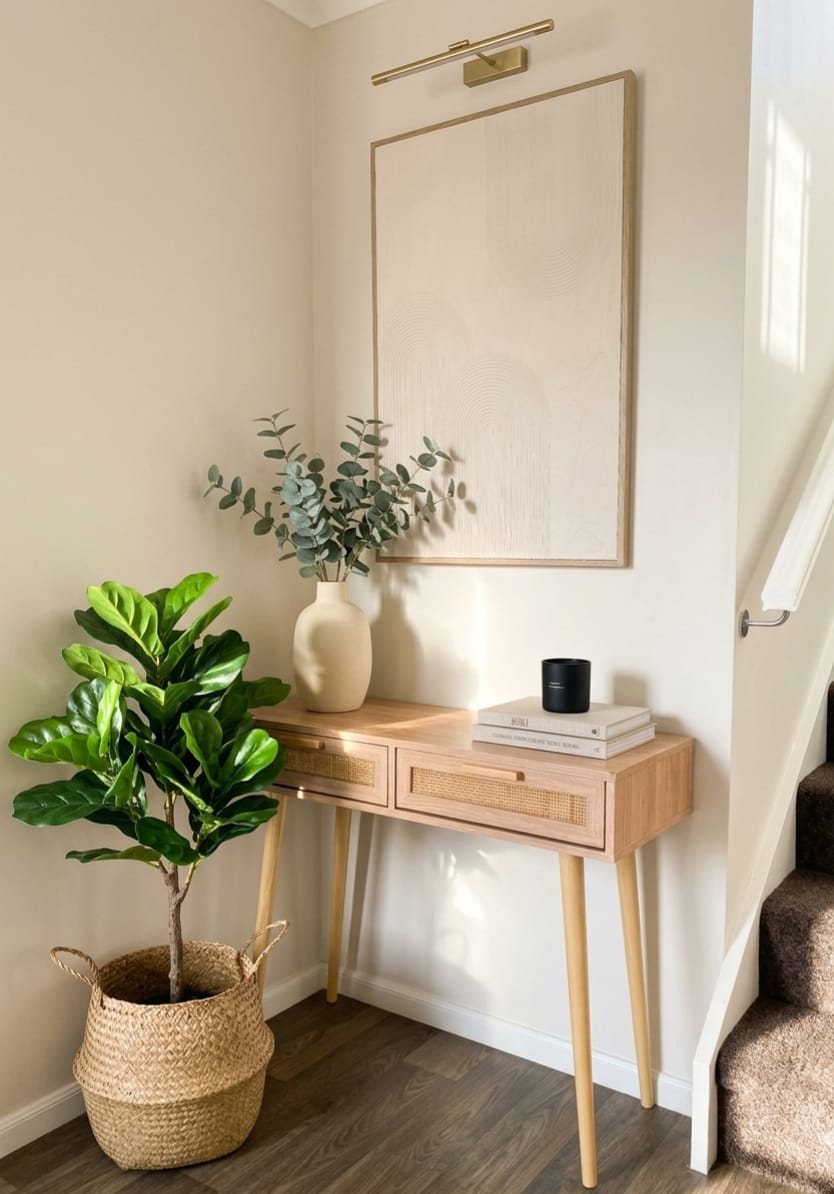 Entryway with a light timber console table, eucalyptus in a ceramic vase, framed artwork with a brass picture light and a plant in a woven basket beside carpeted stairs