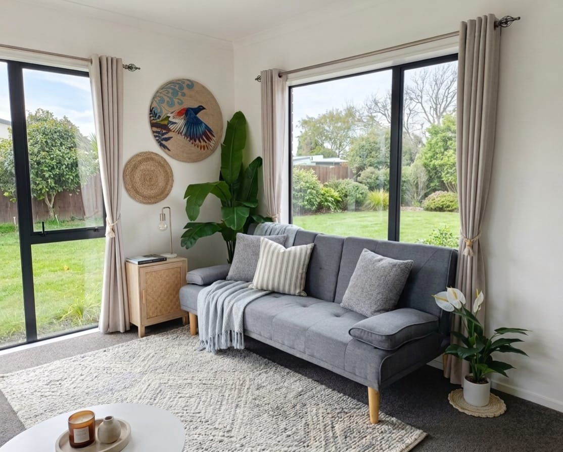 Staged living room with a grey sofa, layered cushions, textured cream rug, woven wall art and large windows overlooking a lawn