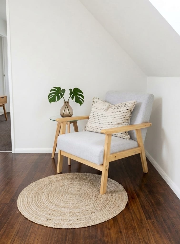 Reading nook with a light timber armchair, patterned cushion, round jute rug and a glass side table holding monstera stems in a vase