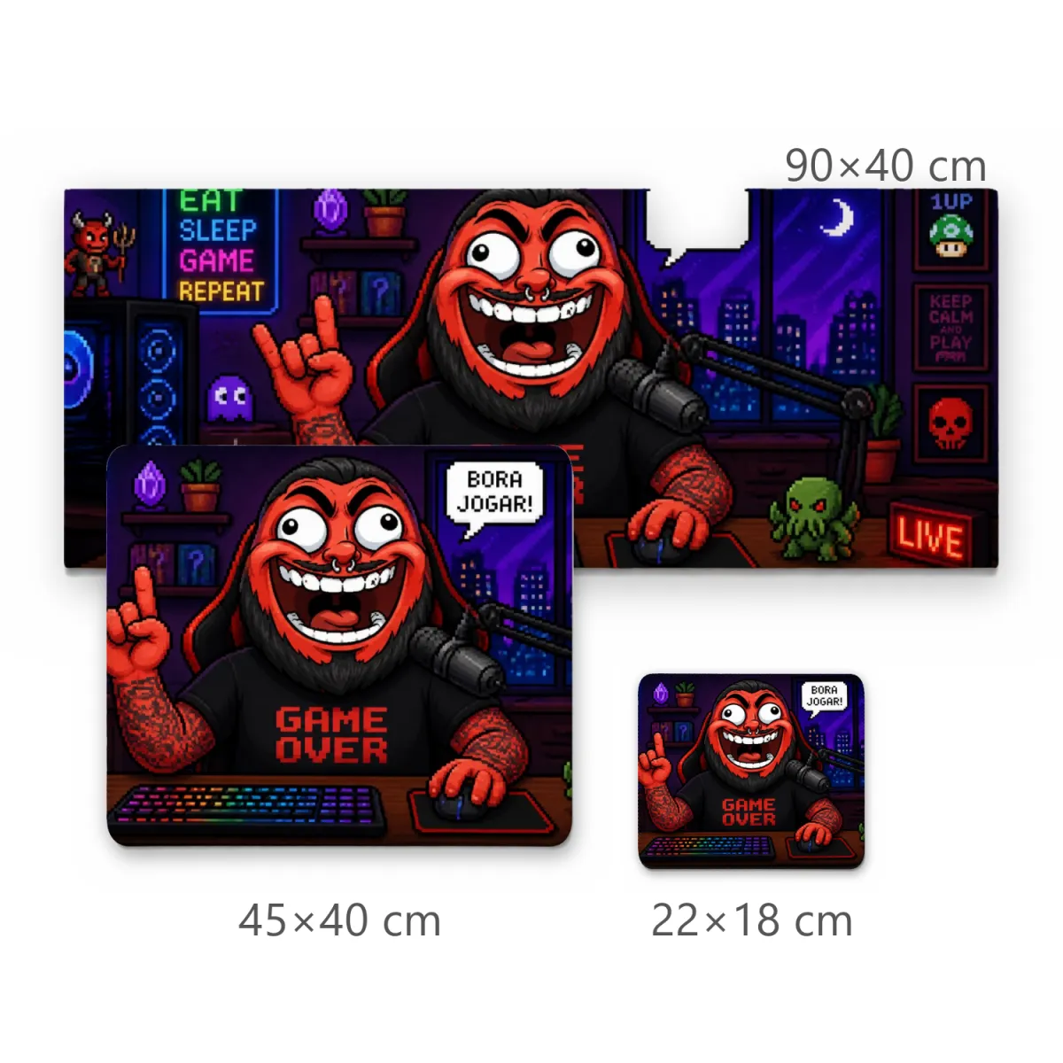 Mousepad Gamer Streamer Pixel Art em Quarto com Letreiro Neon e Cenário Noturno