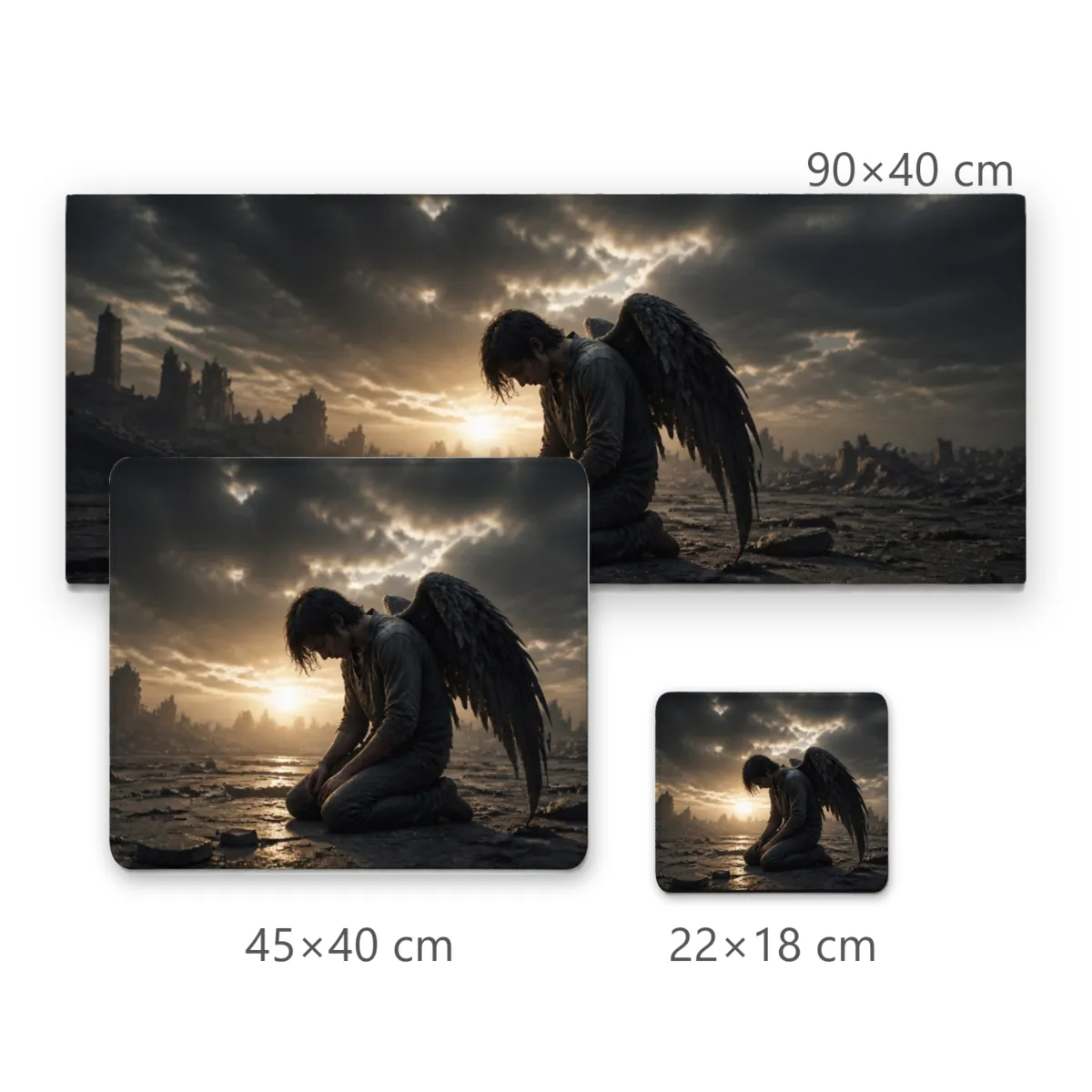 Mousepad Anjo Caído de Asas Negras em Paisagem Desolada ao Pôr do Sol