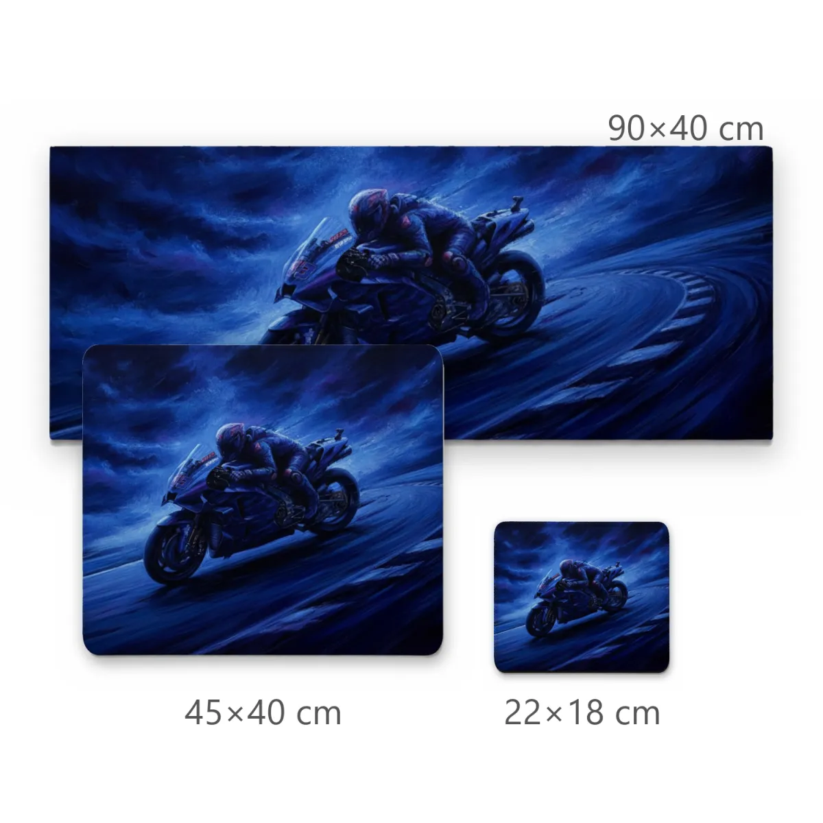 Mousepad Moto Esportiva em Curva Noturna com Iluminação Azul Intensa