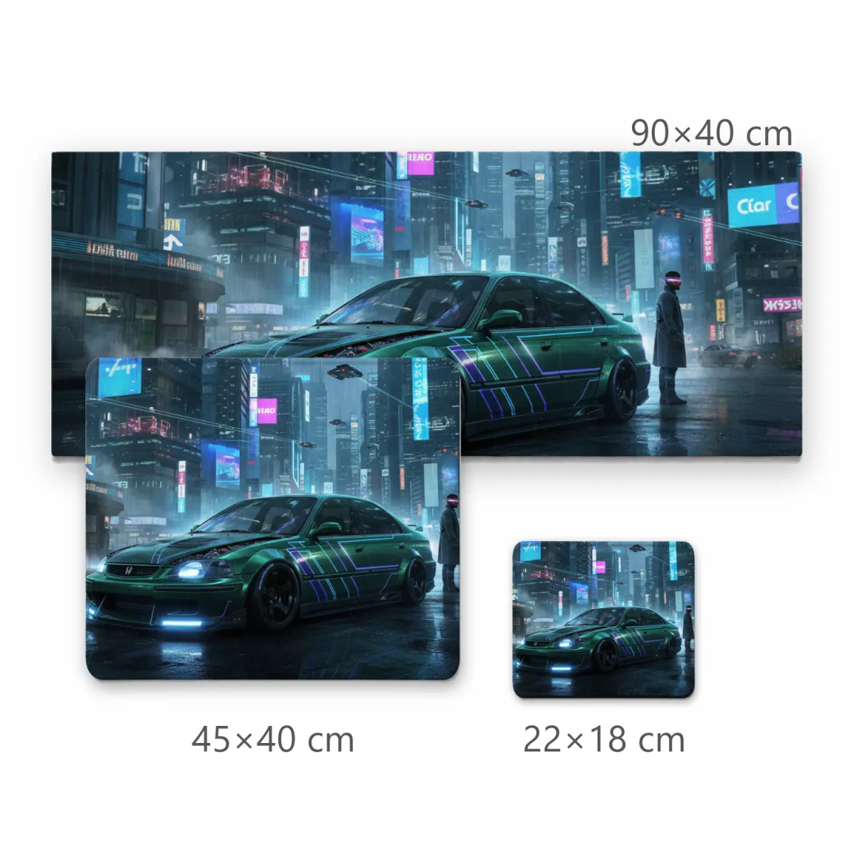 Mousepad Gamer Carro Civic Sedan Verde em Cidade Futurista Cyberpunk