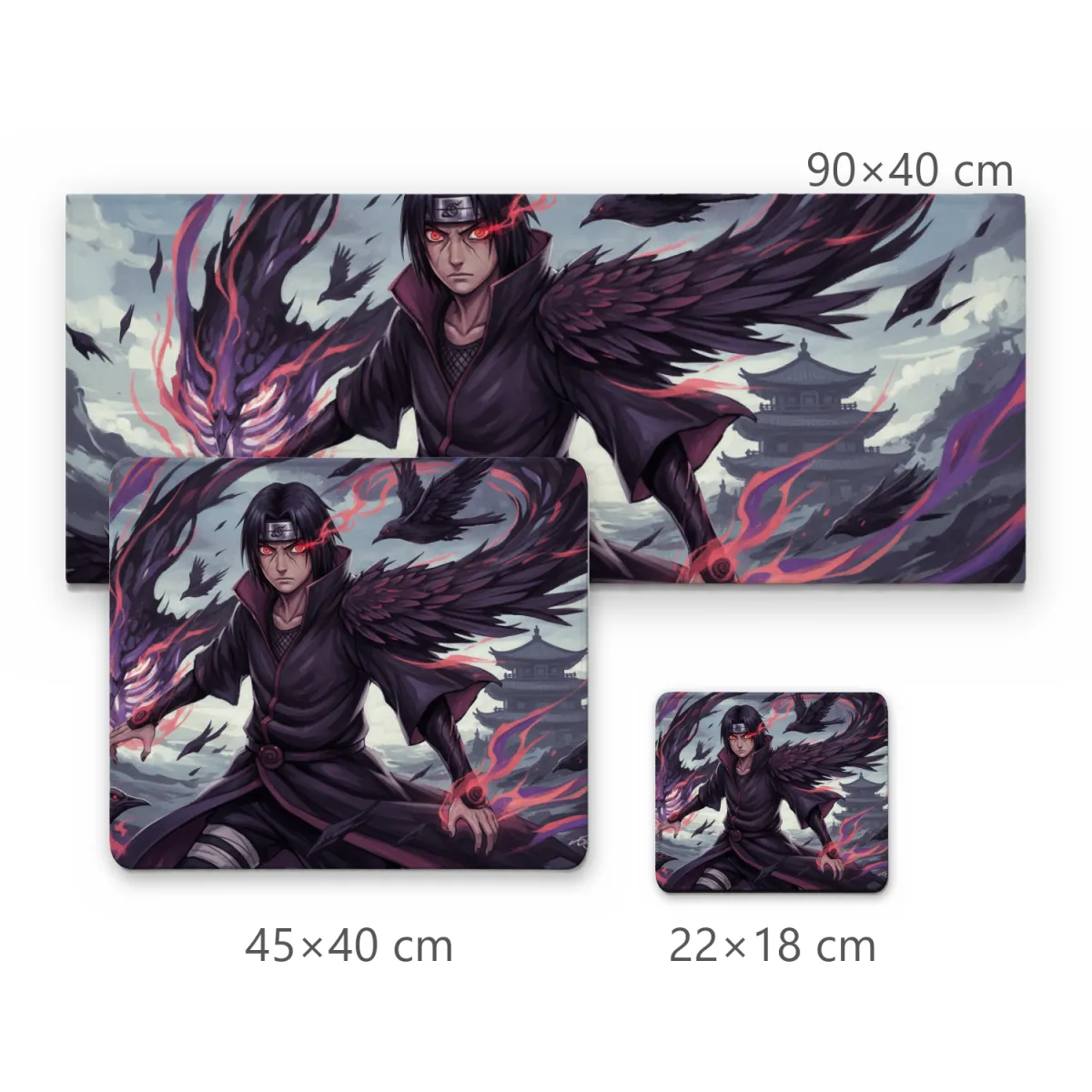 Mousepad Gamer Itachi Uchiha com Corvos e Chamas Negras Iluminação Vermelha