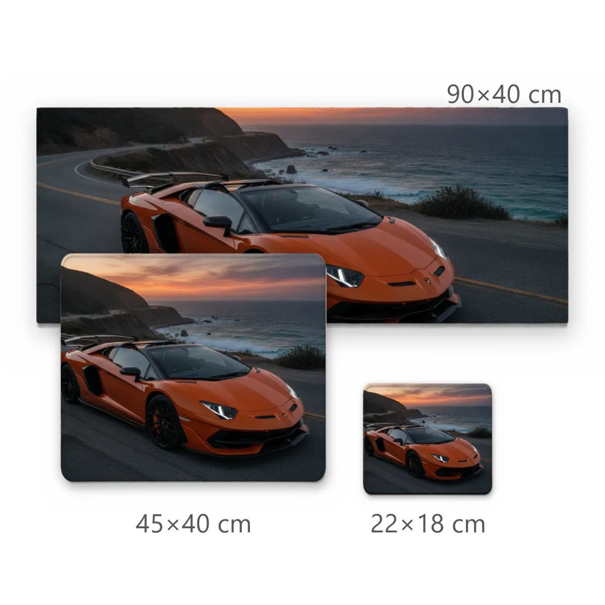 Mousepad Superesportivo Laranja em Estrada Costeira ao Pôr do Sol