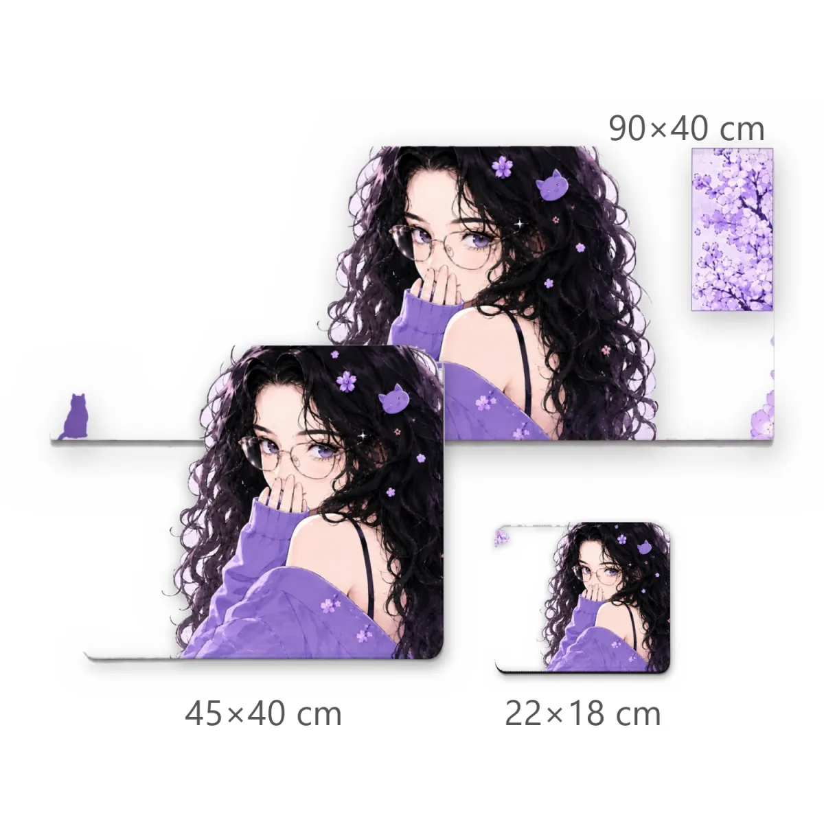 Mousepad Gamer Garota Anime Cabelos Cacheados e Gatinhos Tons de Roxo