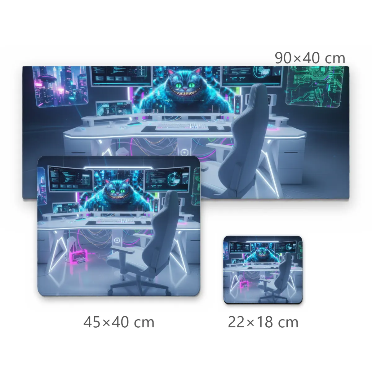 Mousepad Gamer Gato Risonho Futurista em Setup Branco Cyberpunk