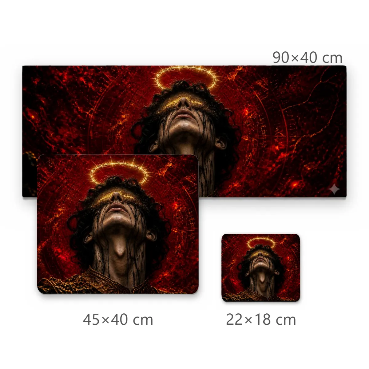 Mousepad Figura Mística com Auréola Dourada e Olhos Vendados em Fundo Vermelho Sombrio