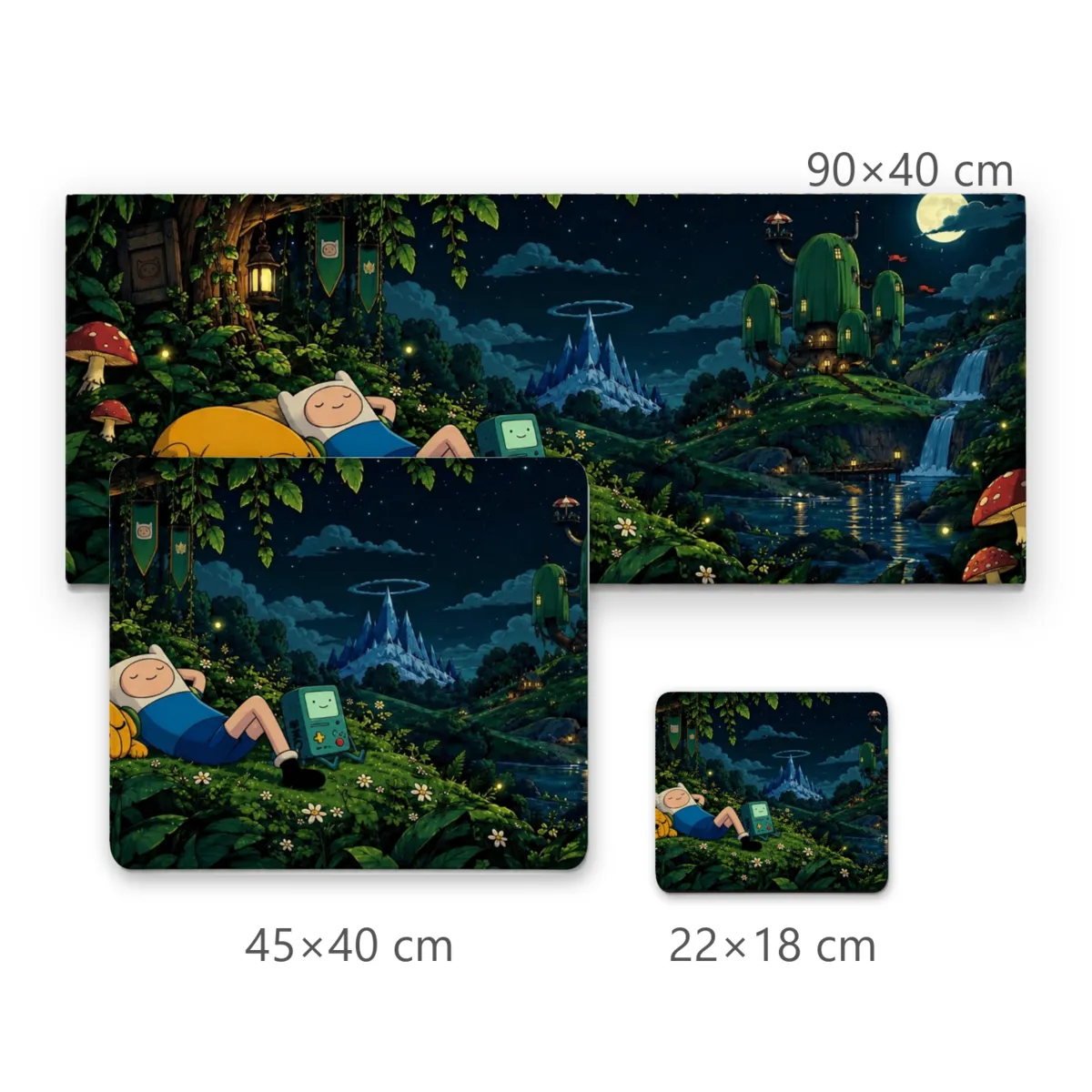 Mousepad Personagens Relaxando na Floresta Noturna com Casa na Árvore e Vagalumes