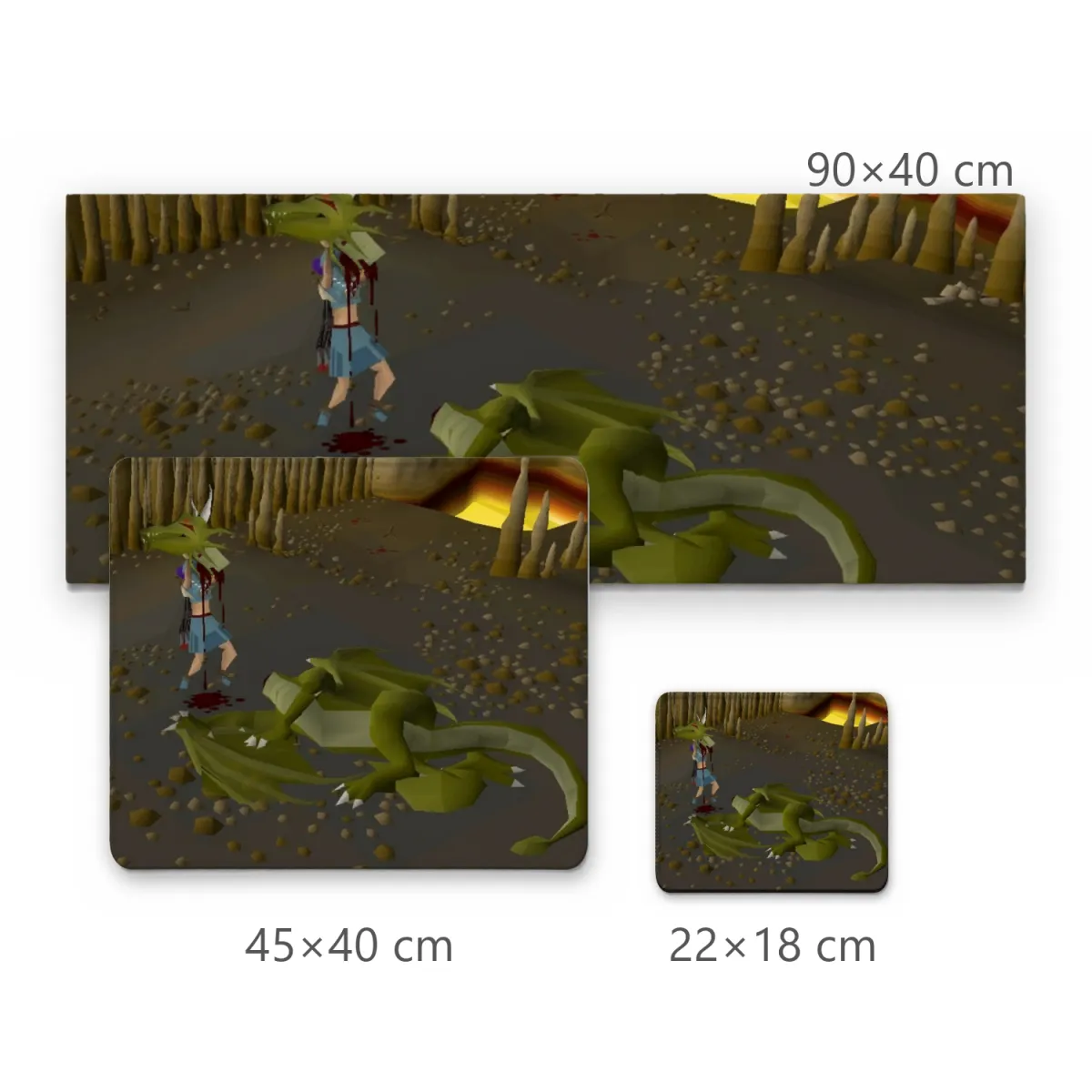 Mousepad Gamer Dragão Verde Derrotado e Guerreiro em Caverna Retrô 3D