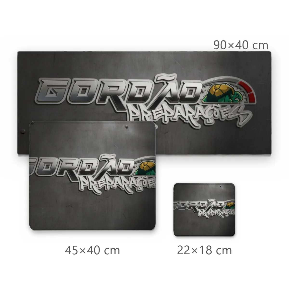 Mousepad Gordão Preparações com Logo Cromado e Fundo Metálico Escuro