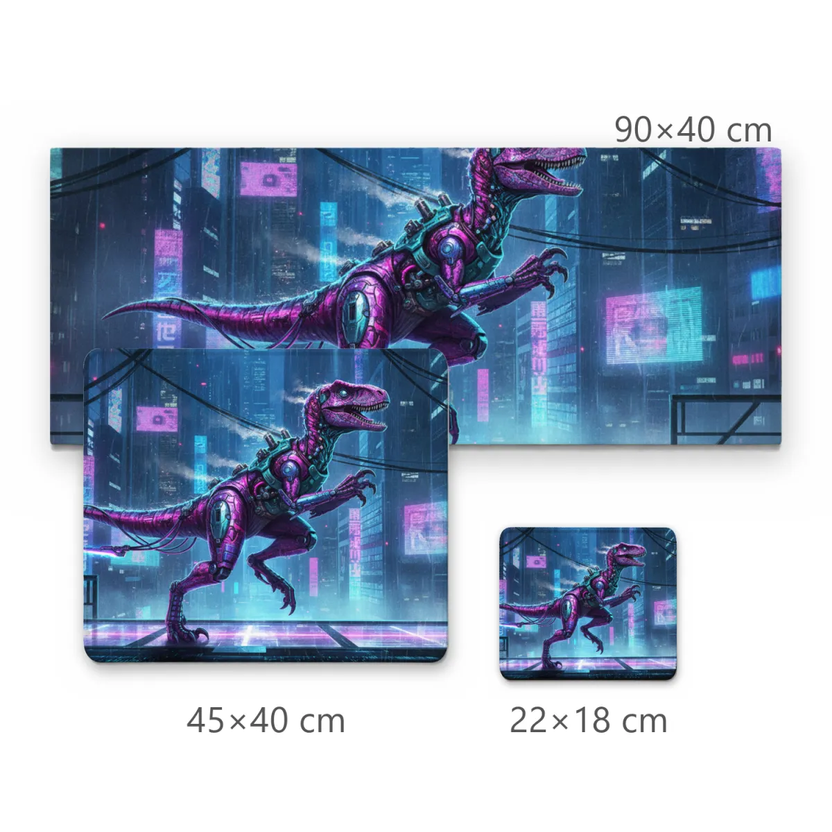 Mousepad Gamer Dinossauro Cibernético Futurista Rosa em Cidade Cyberpunk