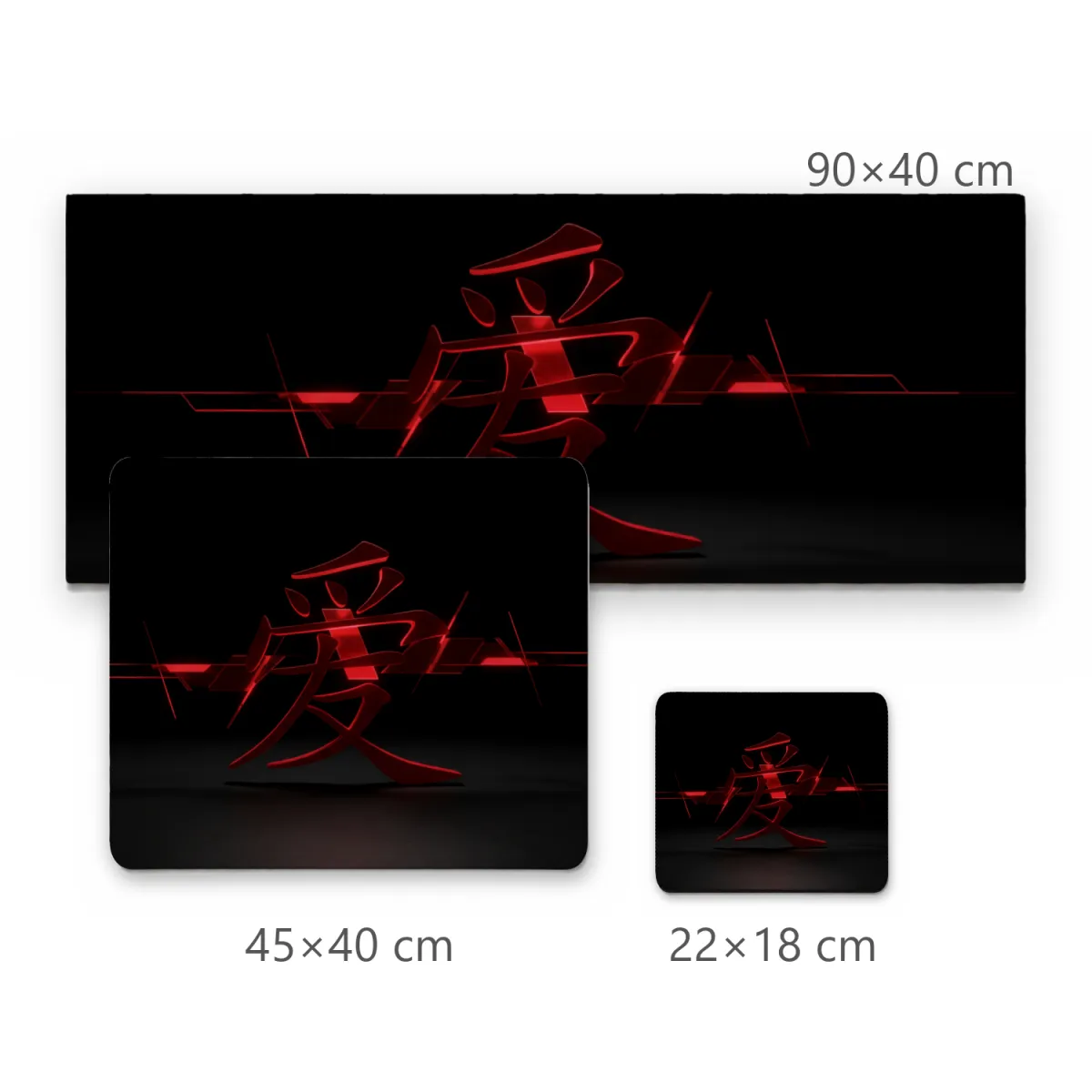 Mousepad Kanji Vermelho Brilhante com Efeito Tridimensional em Fundo Preto