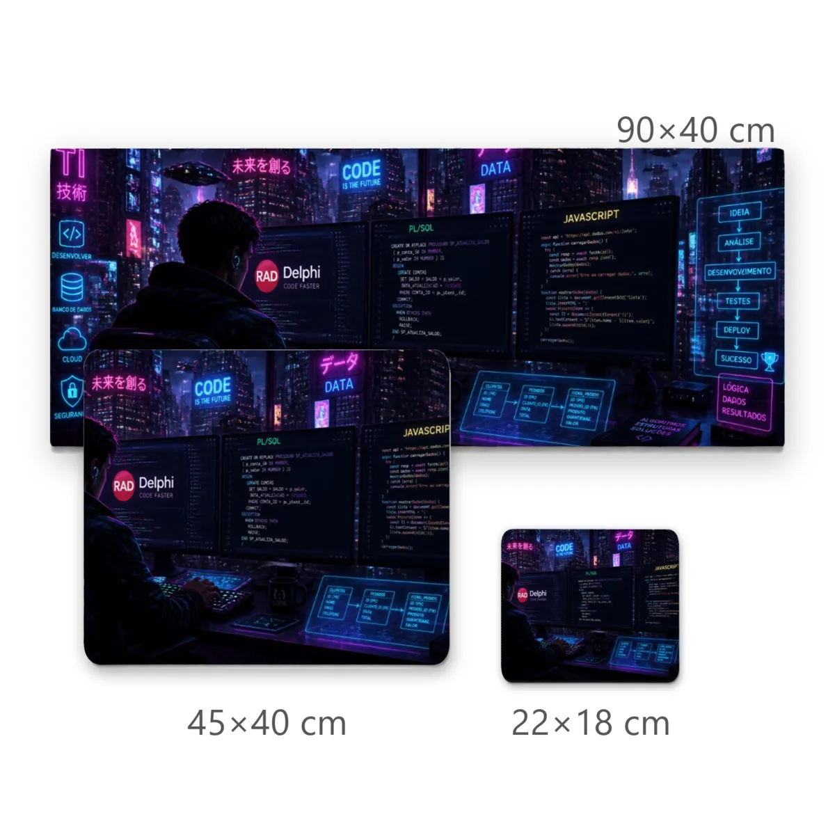 Mousepad Gamer Desenvolvedor Hacker em Cidade Futurista Cyberpunk com Telas de Programação