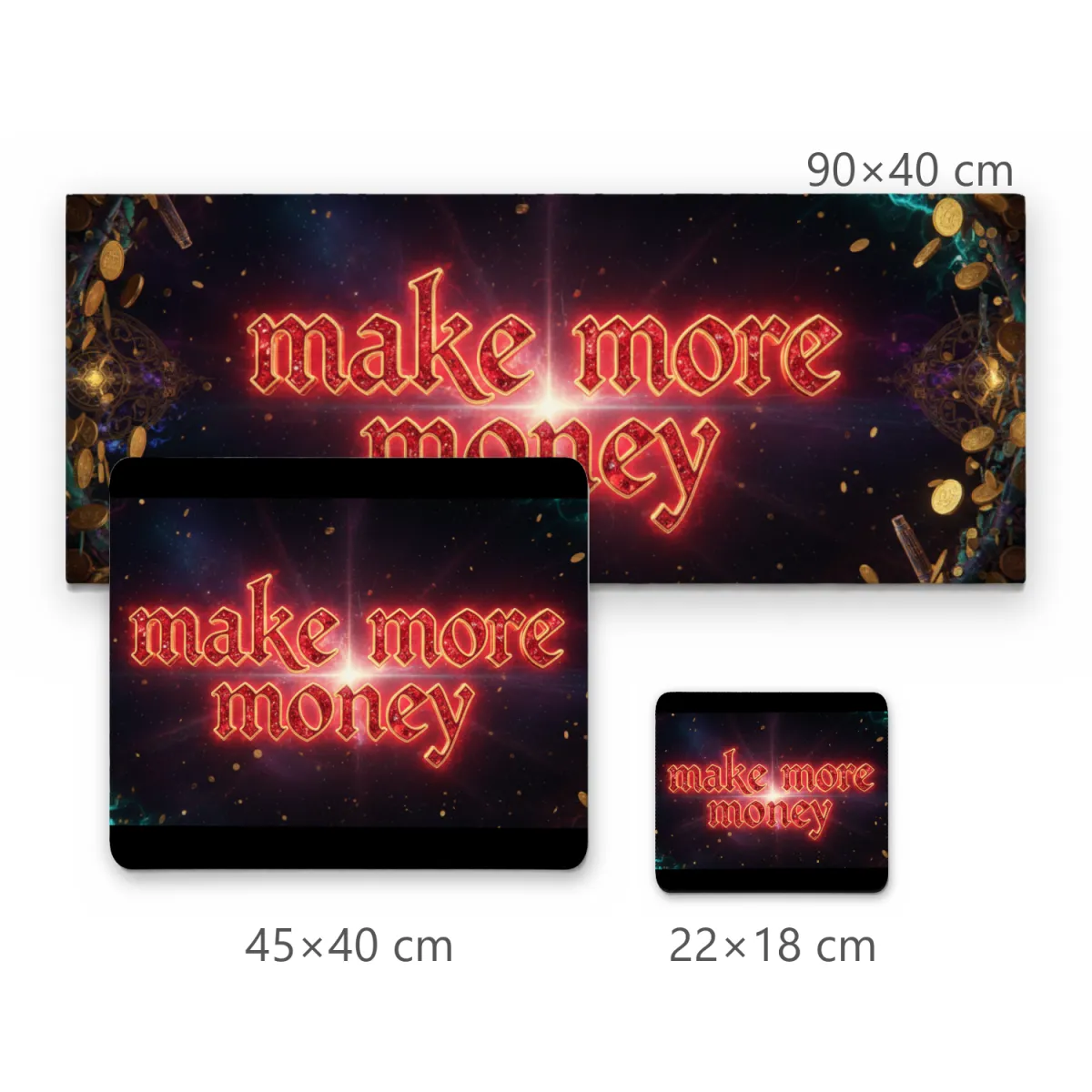 Mousepad Make More Money com Letras Góticas em Neon Vermelho e Moedas Douradas