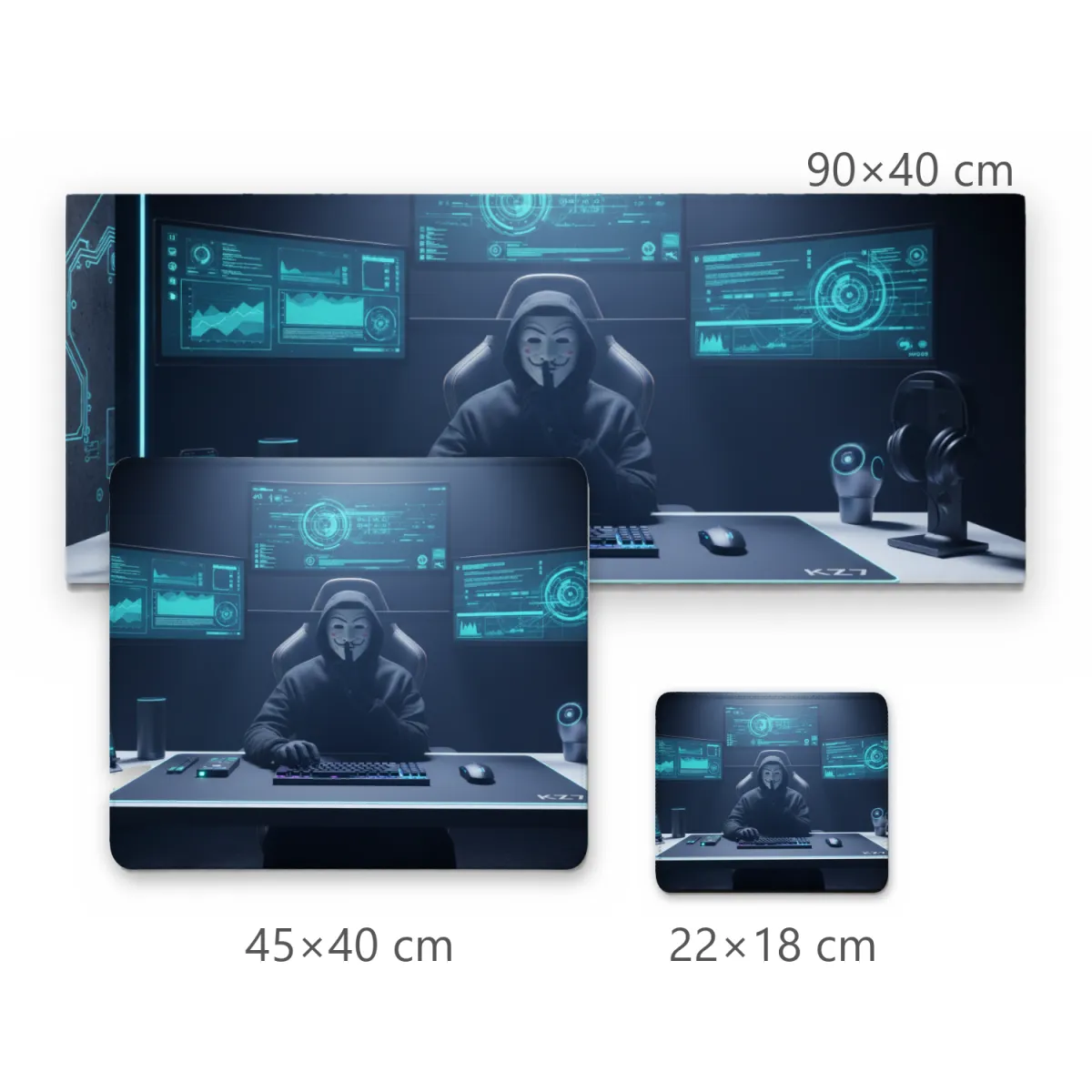 Mousepad Hacker Mascarado em Setup Futurista com Monitores Neon e Assinatura KZ7