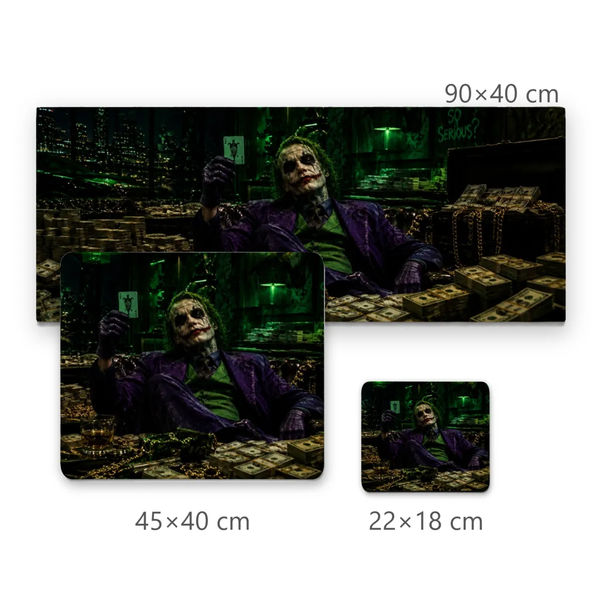 Mousepad Coringa Vilão Sentado Entre Pilhas de Dinheiro em Iluminação Verde Sombria