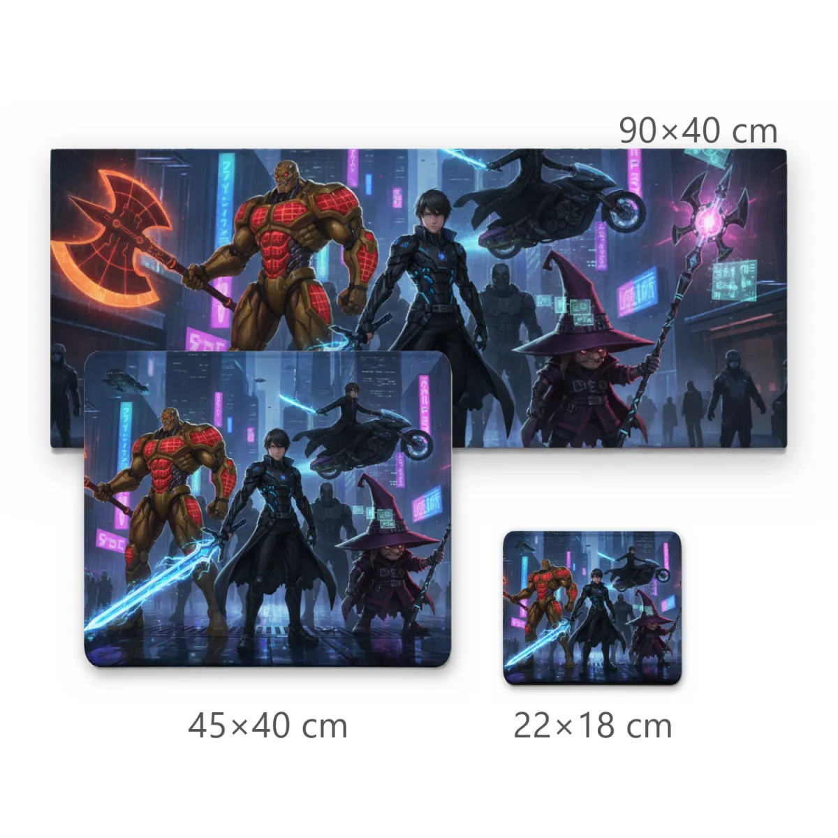Mousepad Gamer Cidade Futurista Neon com Guerreiros e Mago Cyberpunk
