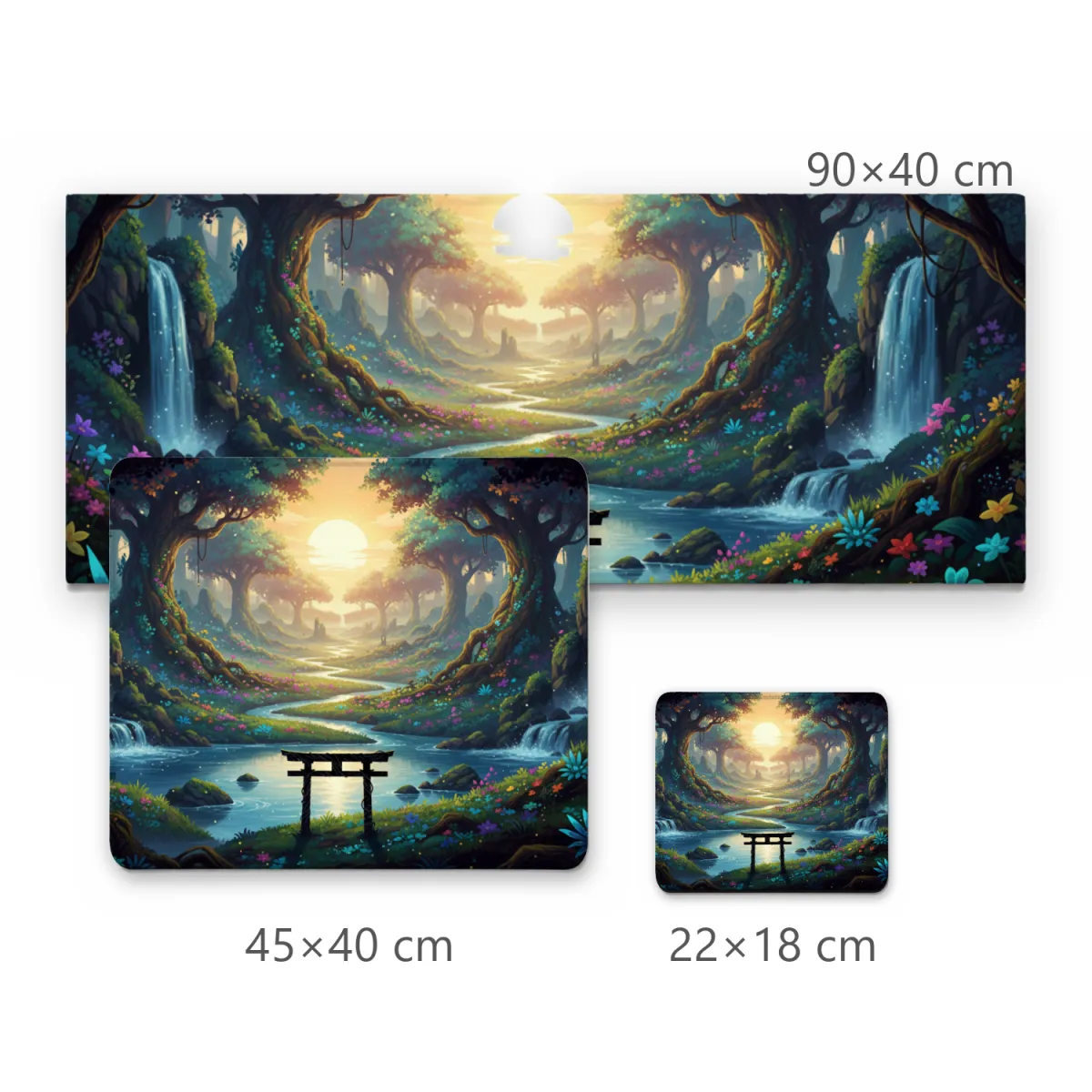 Mousepad Floresta Encantada com Cachoeiras e Portal Torii ao Pôr do Sol
