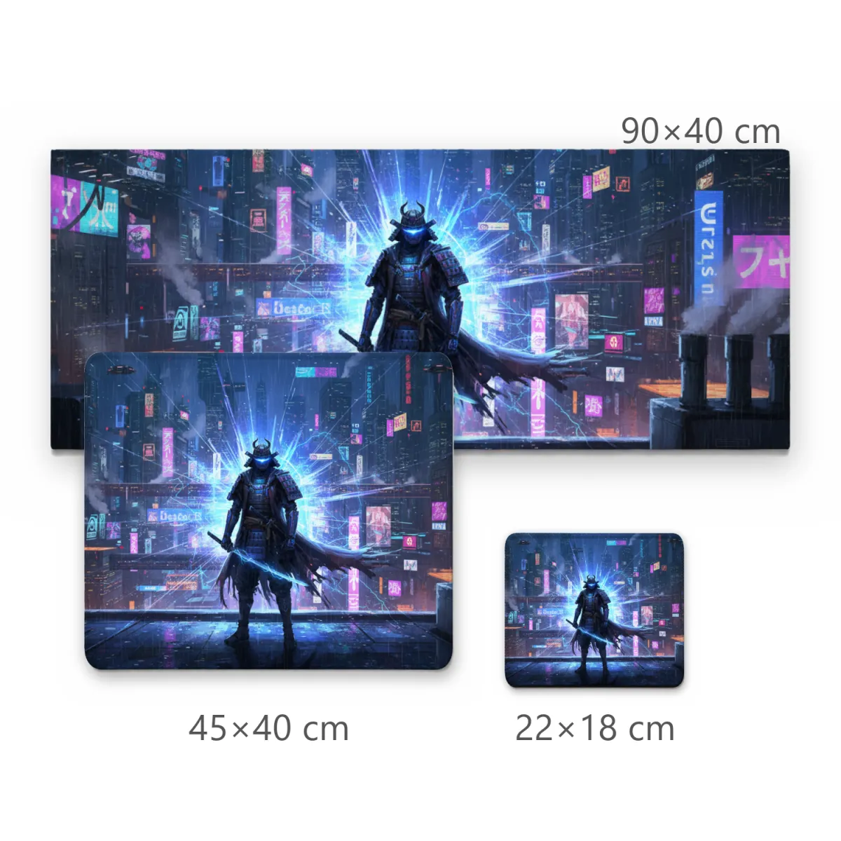 Mousepad Gamer Samurai Cyberpunk com Katana Iluminada e Cidade Neon