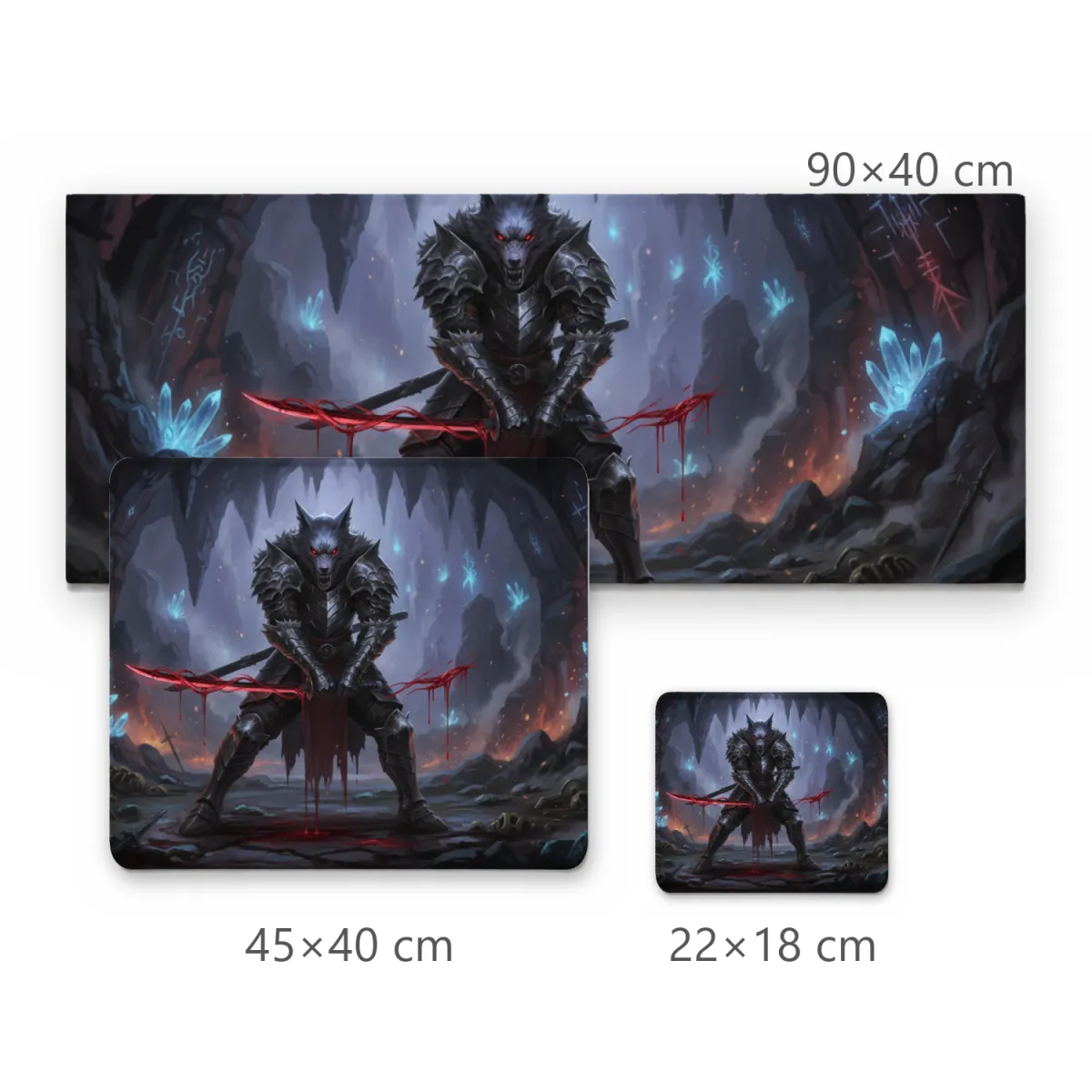 Mousepad Guerreiro Lobo de Armadura com Katana Rubra em Caverna de Cristais