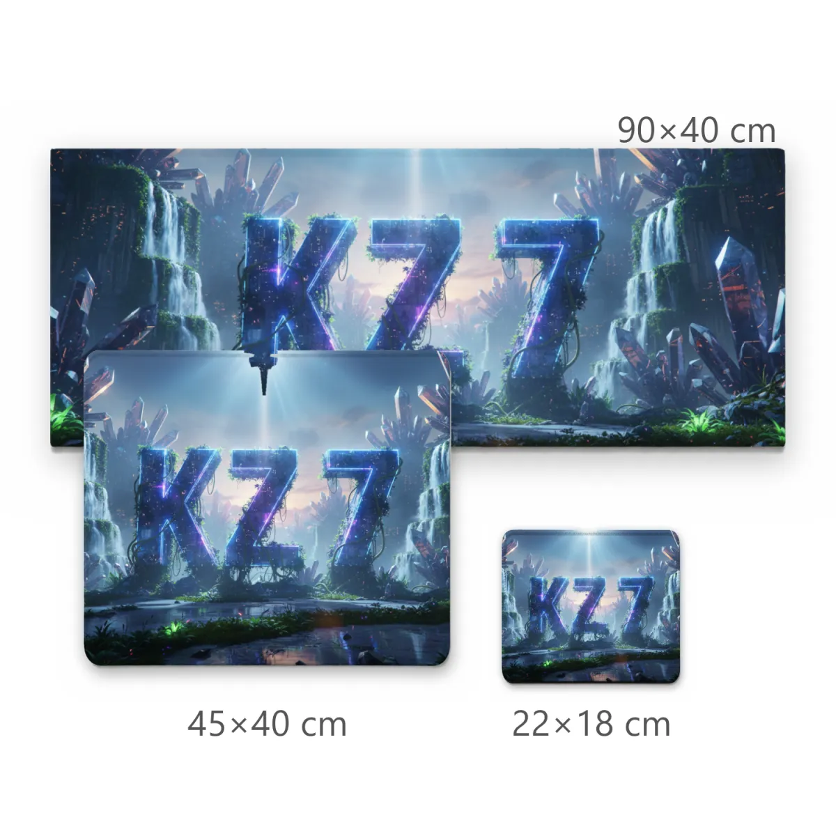 Mousepad Gamer KZ7 com Letras Futuristas em Paisagem com Cristais e Cachoeiras