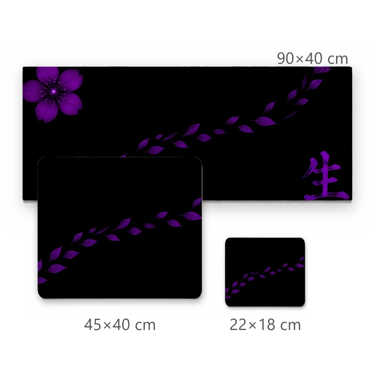Mousepad Sakura Roxa com Flor Pétalas Curvadas e Kanji da Vida em Fundo Preto