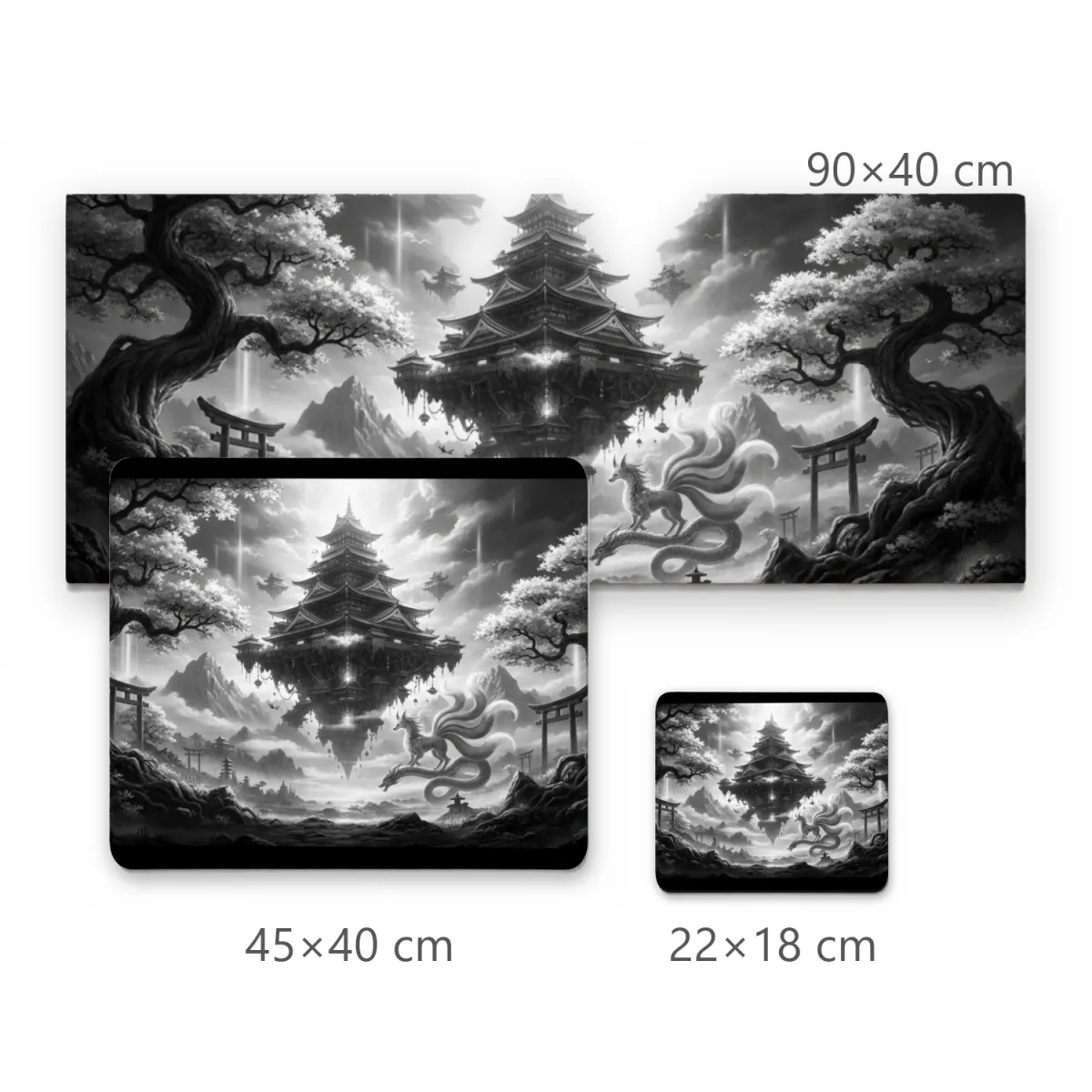 Mousepad Gamer Castelo Flutuante Japonês e Raposa Mística em Preto e Branco