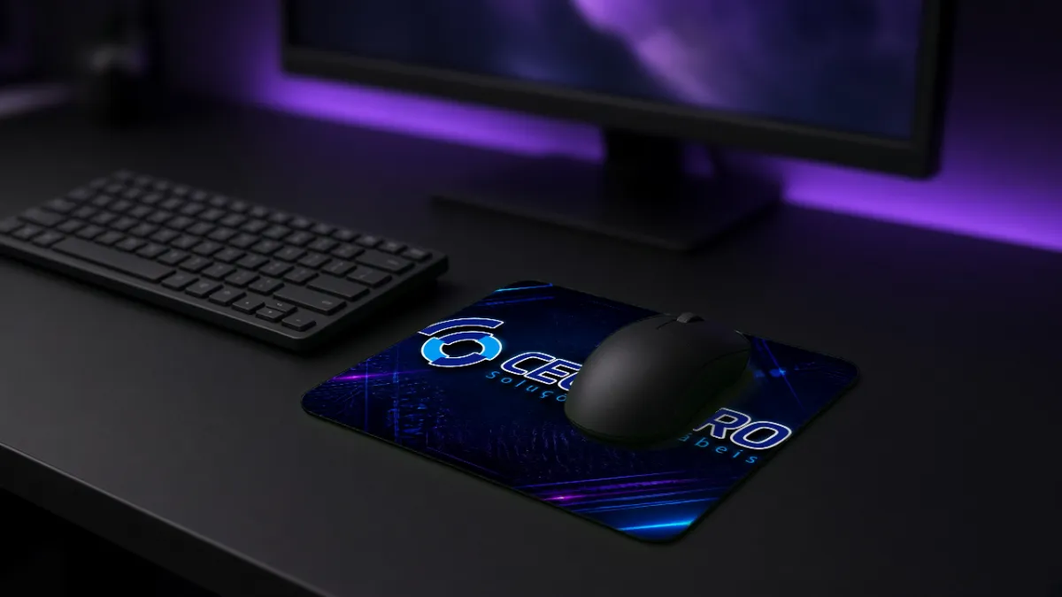 Mousepad com logotipo CECEAGRO centralizado sobre fundo escuro com feixes de luz neon azul e roxa.