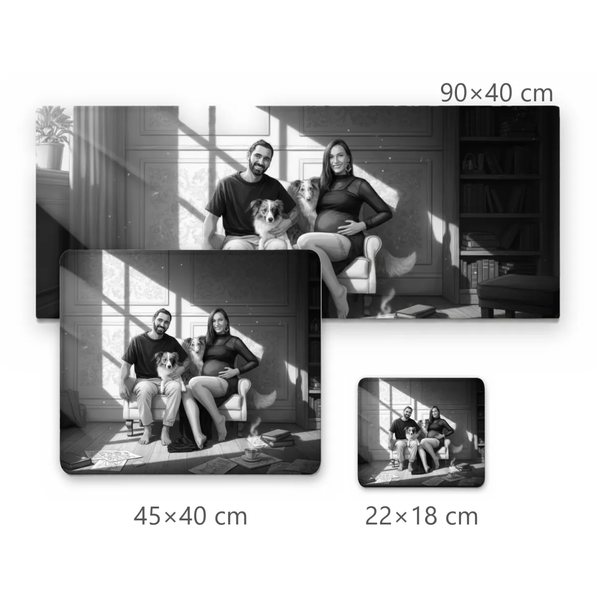 Mousepad Retrato Familiar em Tons de Cinza Iluminação Solar e Pets
