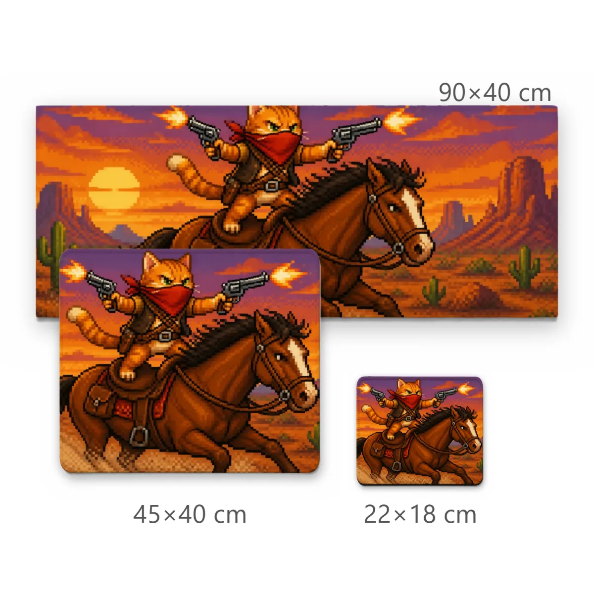 Mousepad Gato Pistoleiro a Cavalo no Velho Oeste em Pixel Art