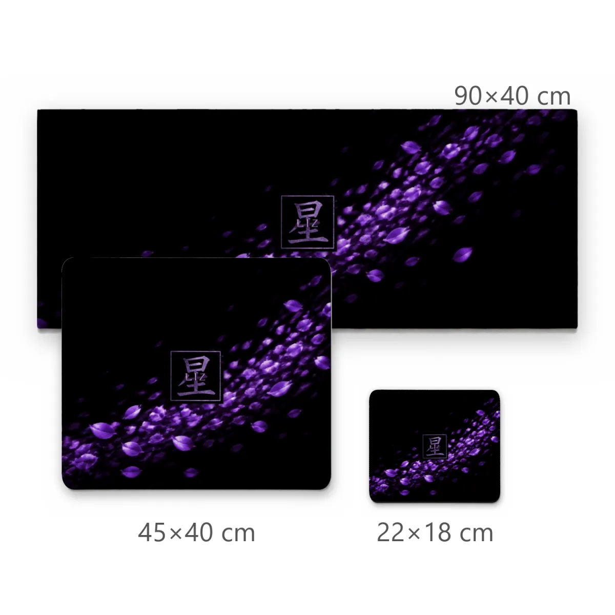 Mousepad Pétalas de Sakura Roxas e Kanji Estrela Fundo Preto