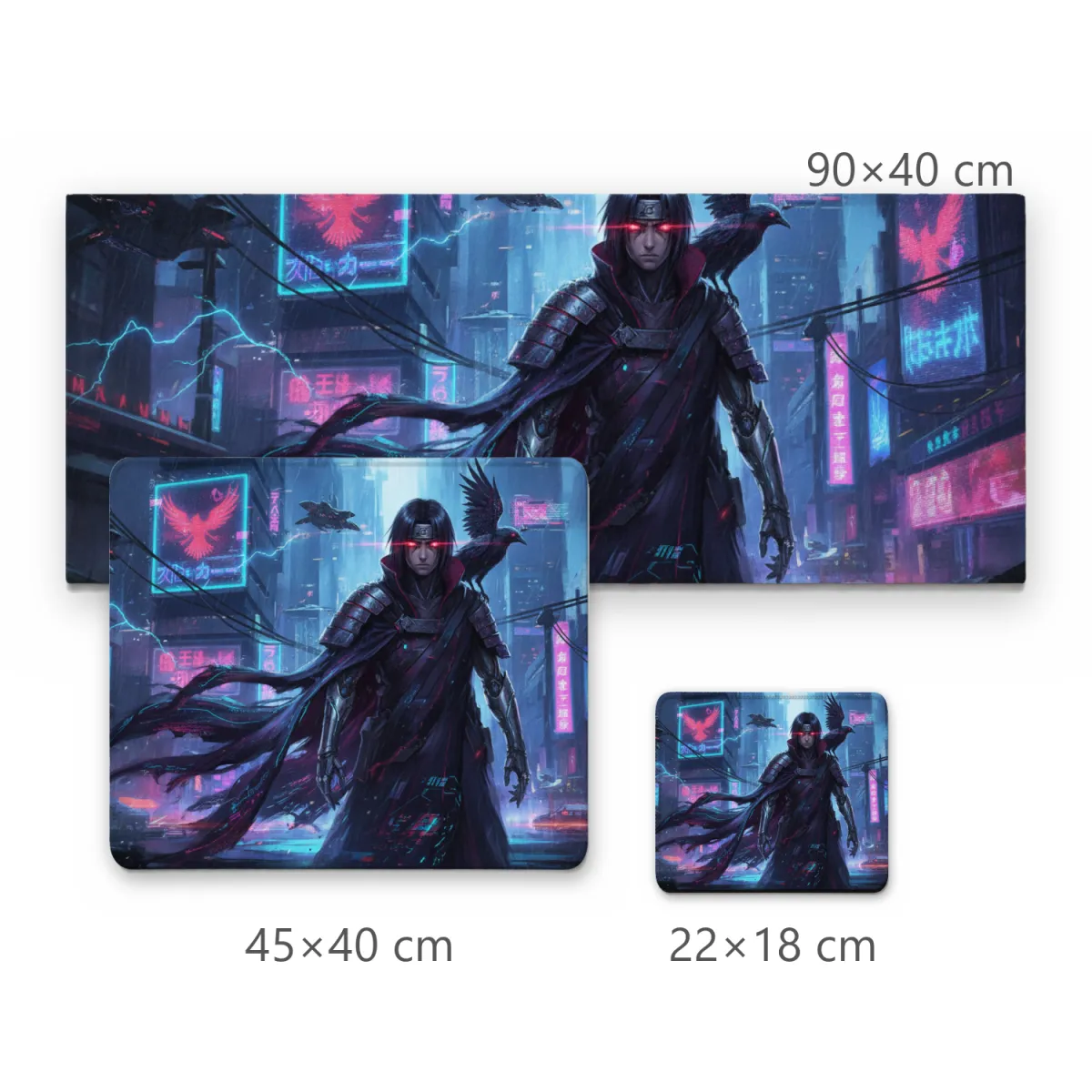 Mousepad Ninja Cibernético com Corvos em Metrópole Futurista Cyberpunk