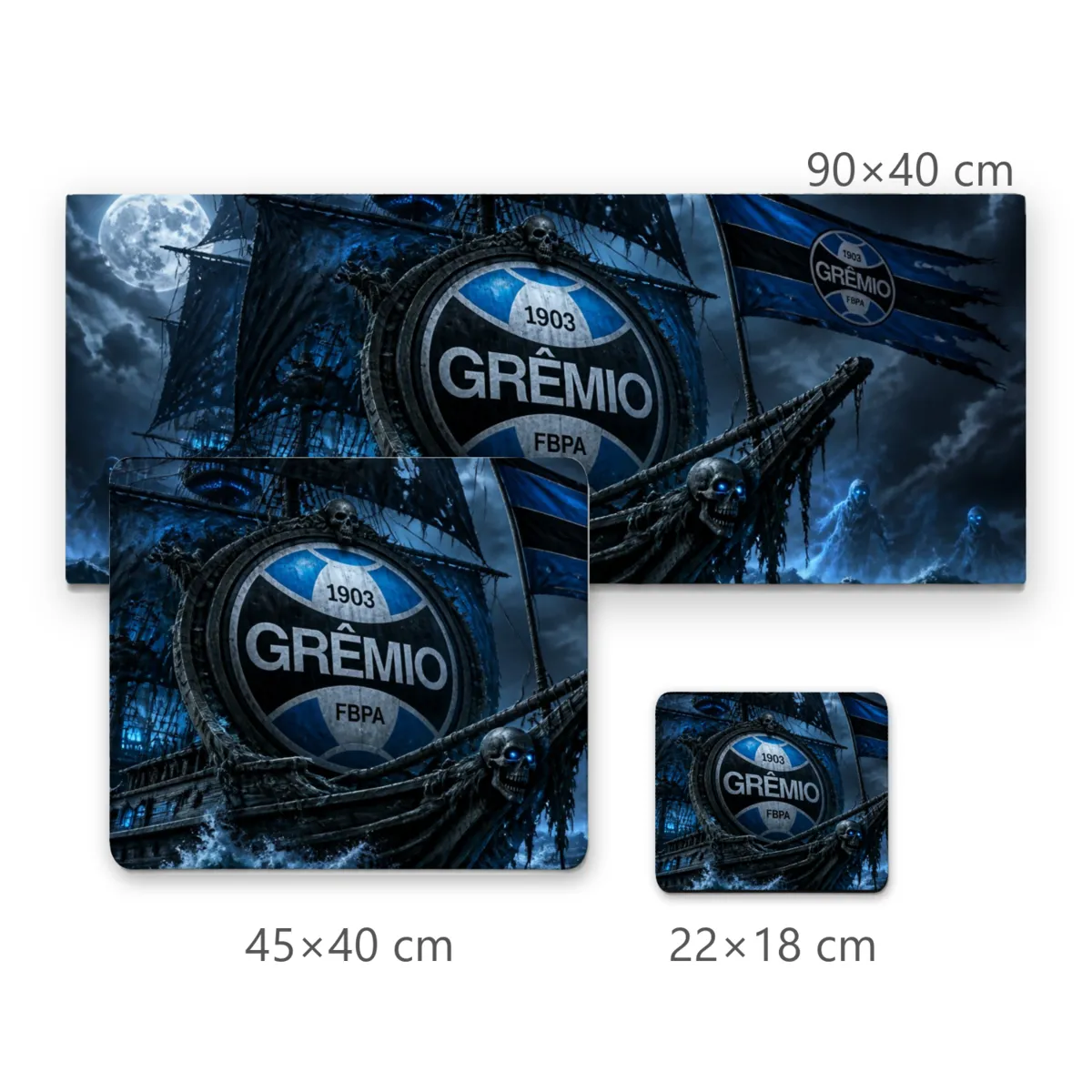 Mousepad Gamer Navio Fantasma com Escudo do Grêmio e Lua Cheia