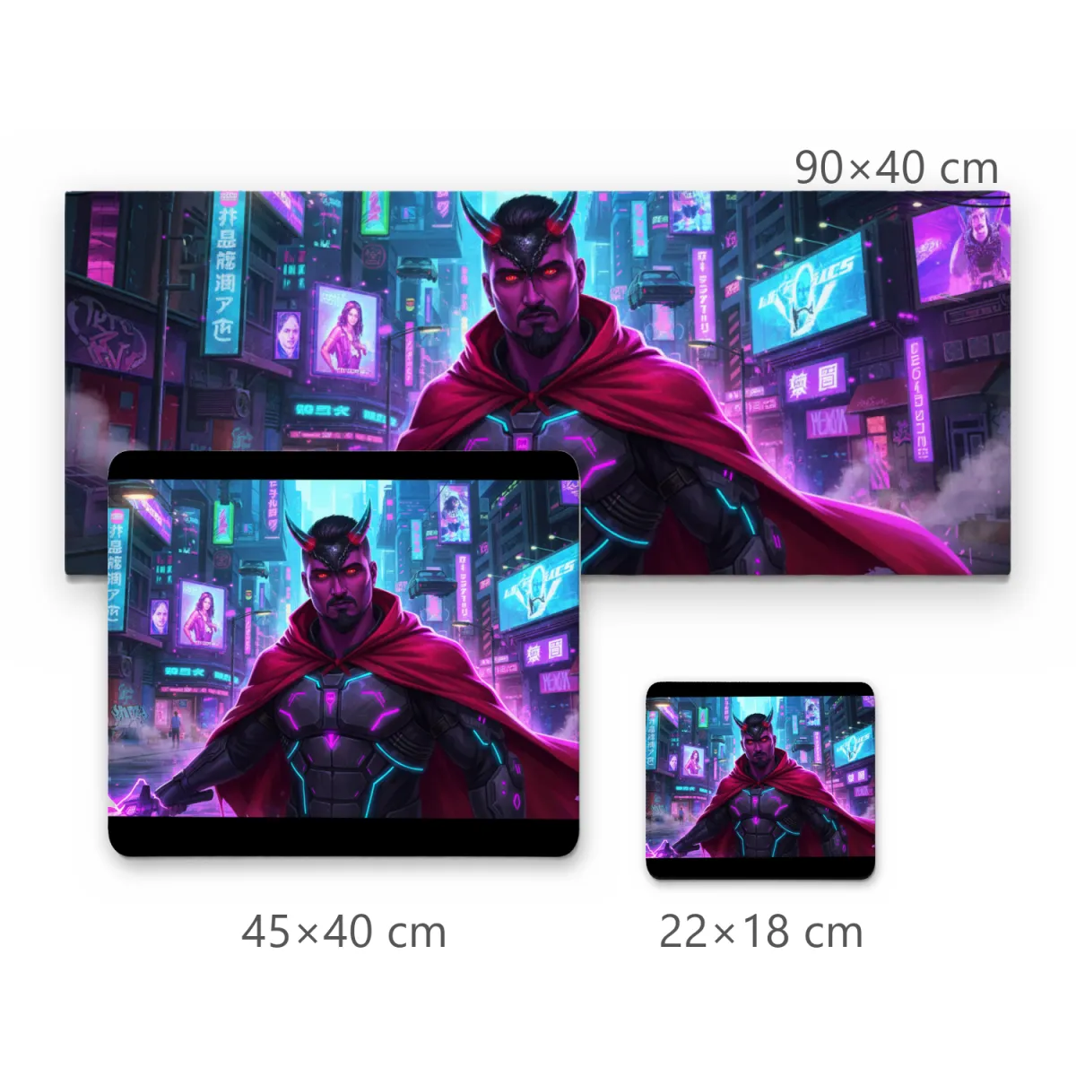 Mousepad Gamer Guerreiro Cibernético com Chifres e Capa Vermelha Estilo Cyberpunk