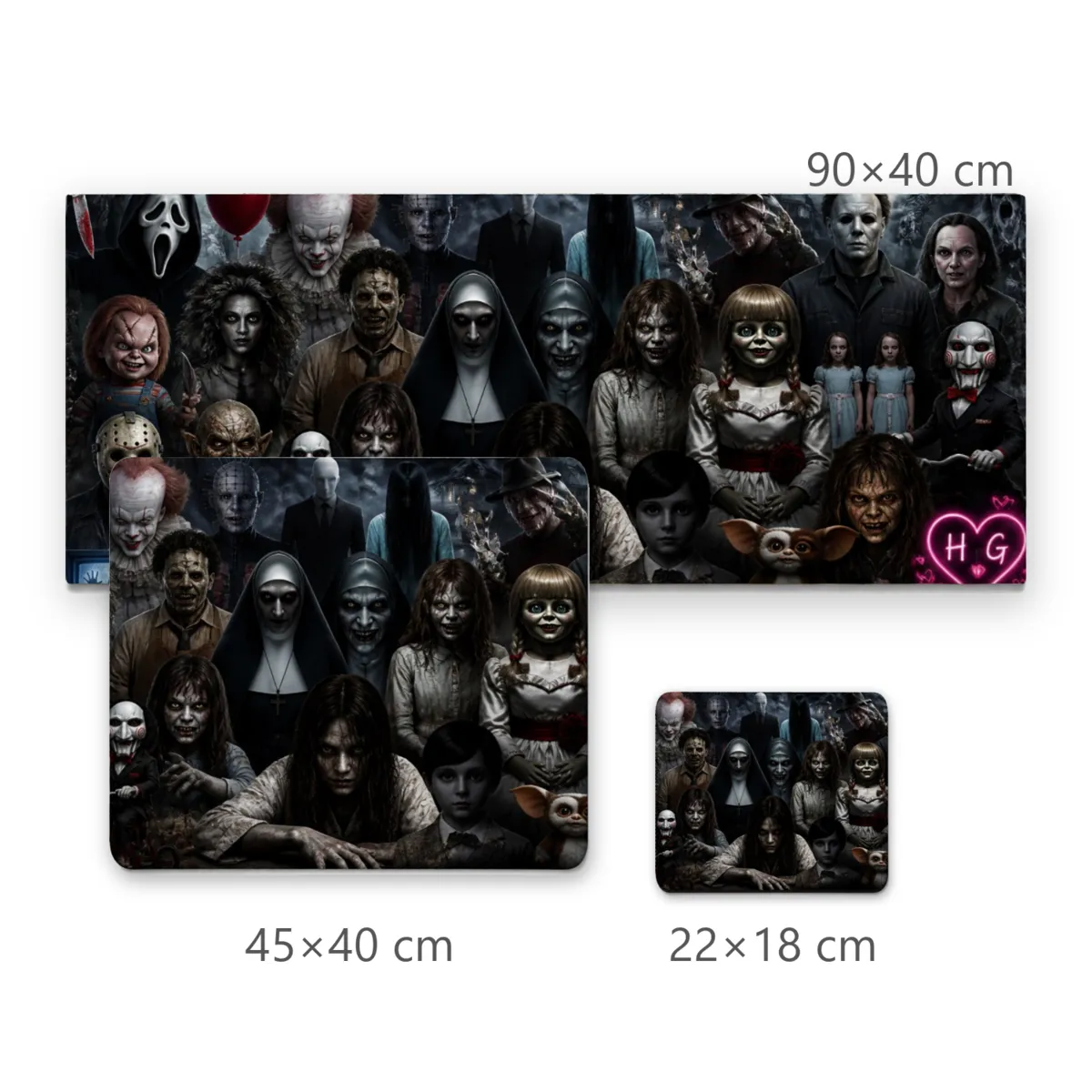 Mousepad Personagens Clássicos de Terror com Freira, Boneca e Coração HG