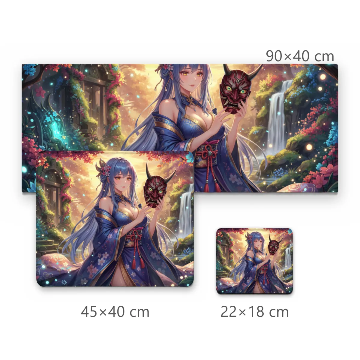 Mousepad Gamer Anime Menina de Kimono Azul e Máscara Oni em Jardim Místico