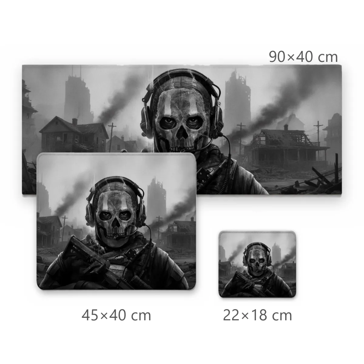 Mousepad Soldado Tático com Máscara de Caveira em Cenário de Guerra Preto e Branco