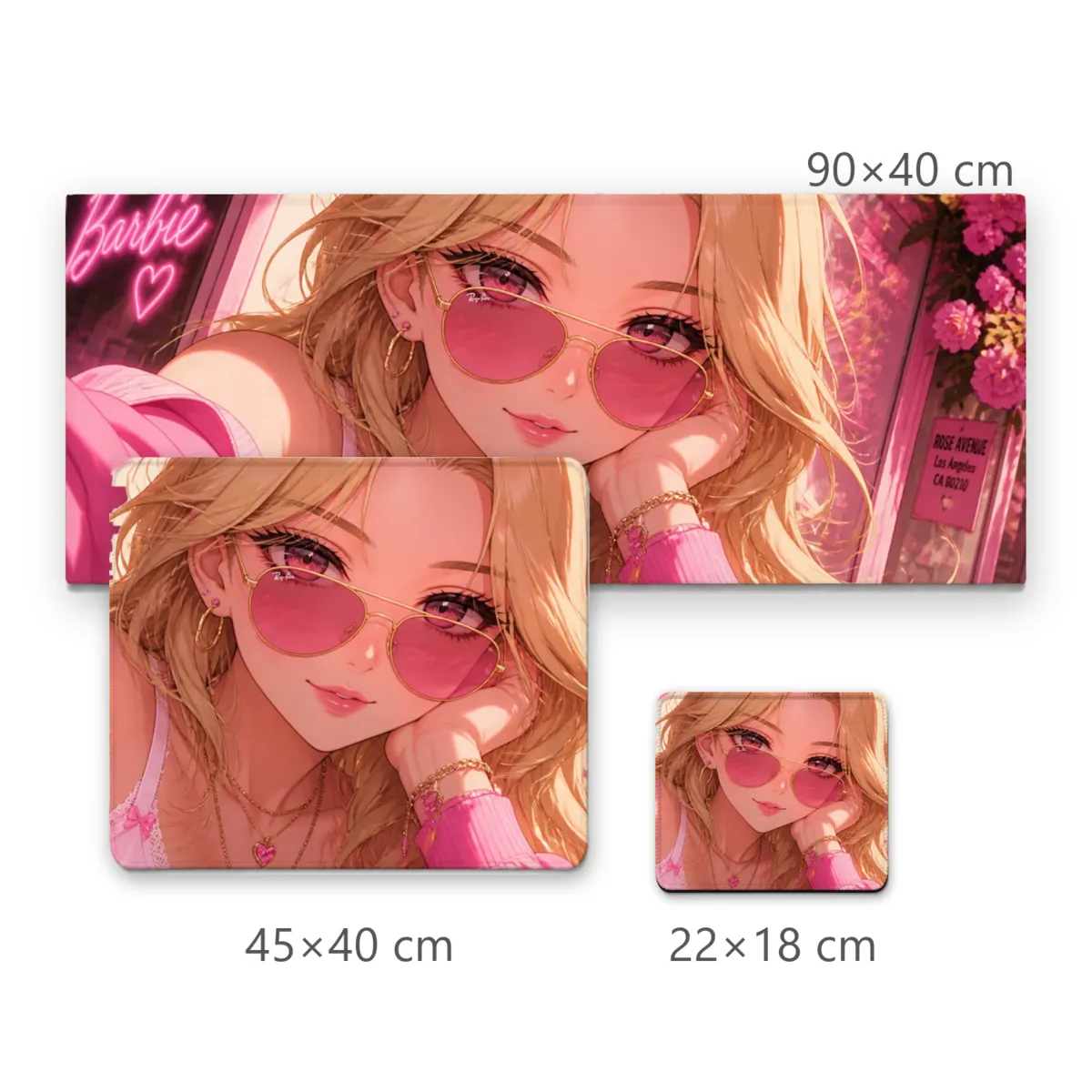 Mousepad Garota Anime Loira de Óculos Escuros em Cenário Rosa