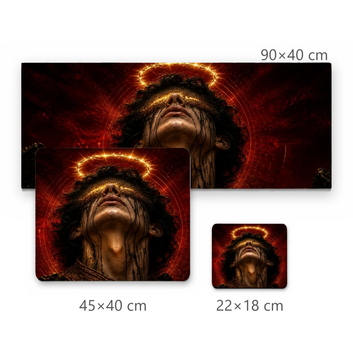 Mousepad Figura Sombria com Auréola Dourada e Olhos Vendados Iluminação Vermelha