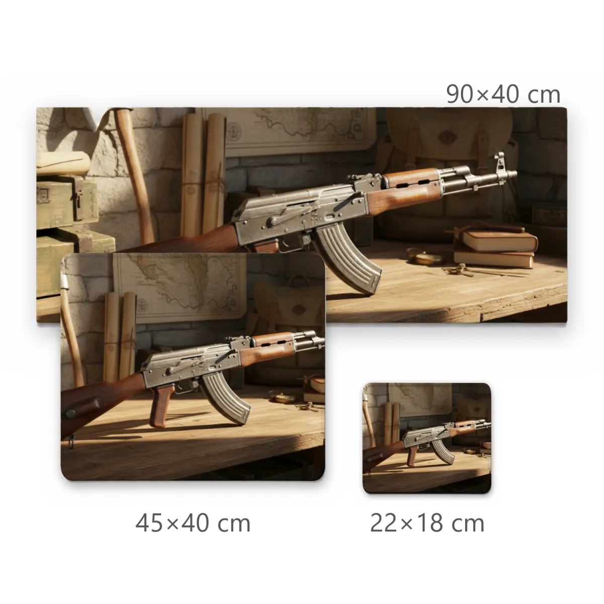 Mousepad Gamer AK-47 Clássica sobre Bancada Rústica com Machado