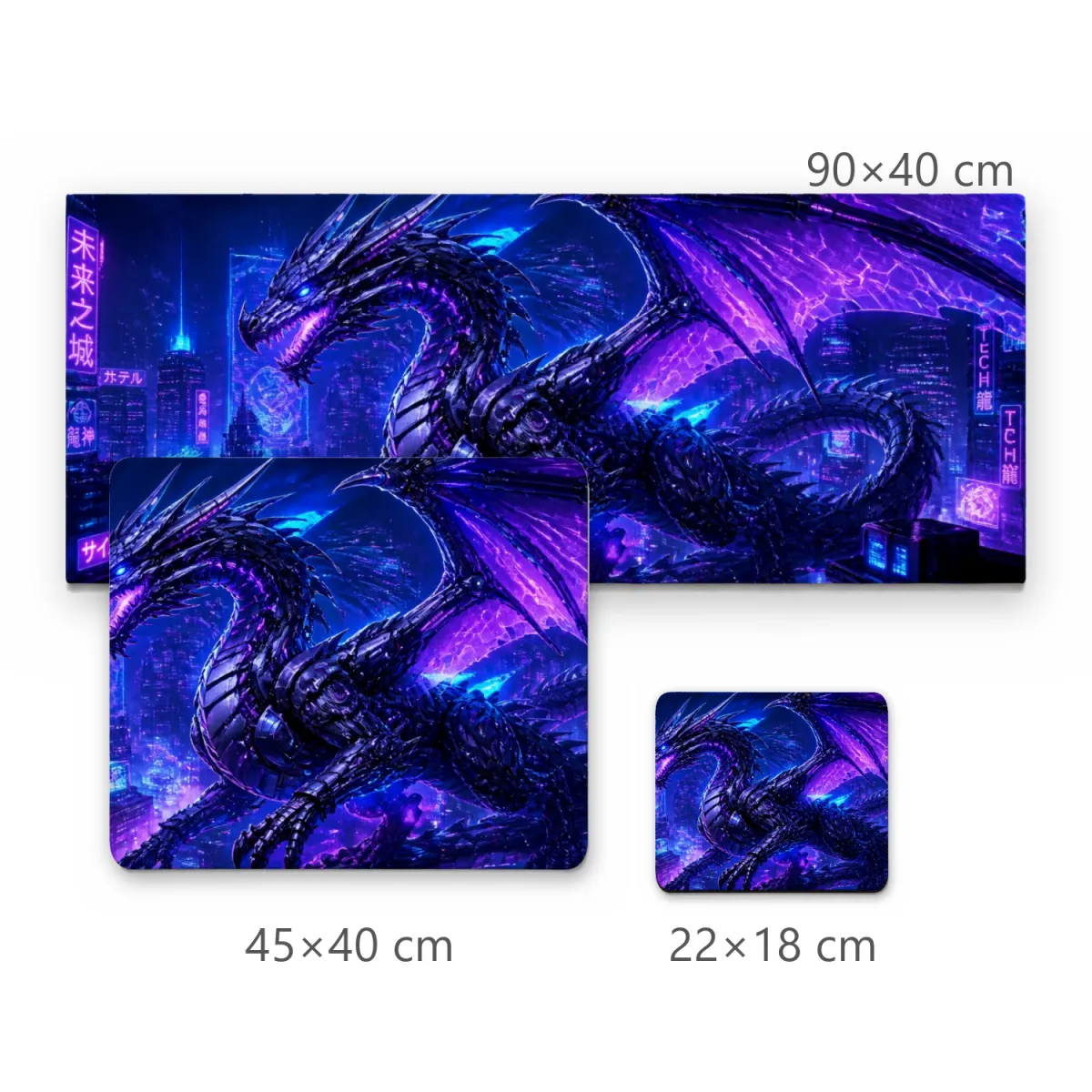 Mousepad Dragão Cibernético em Cidade Neon com Iluminação Roxa e Azul