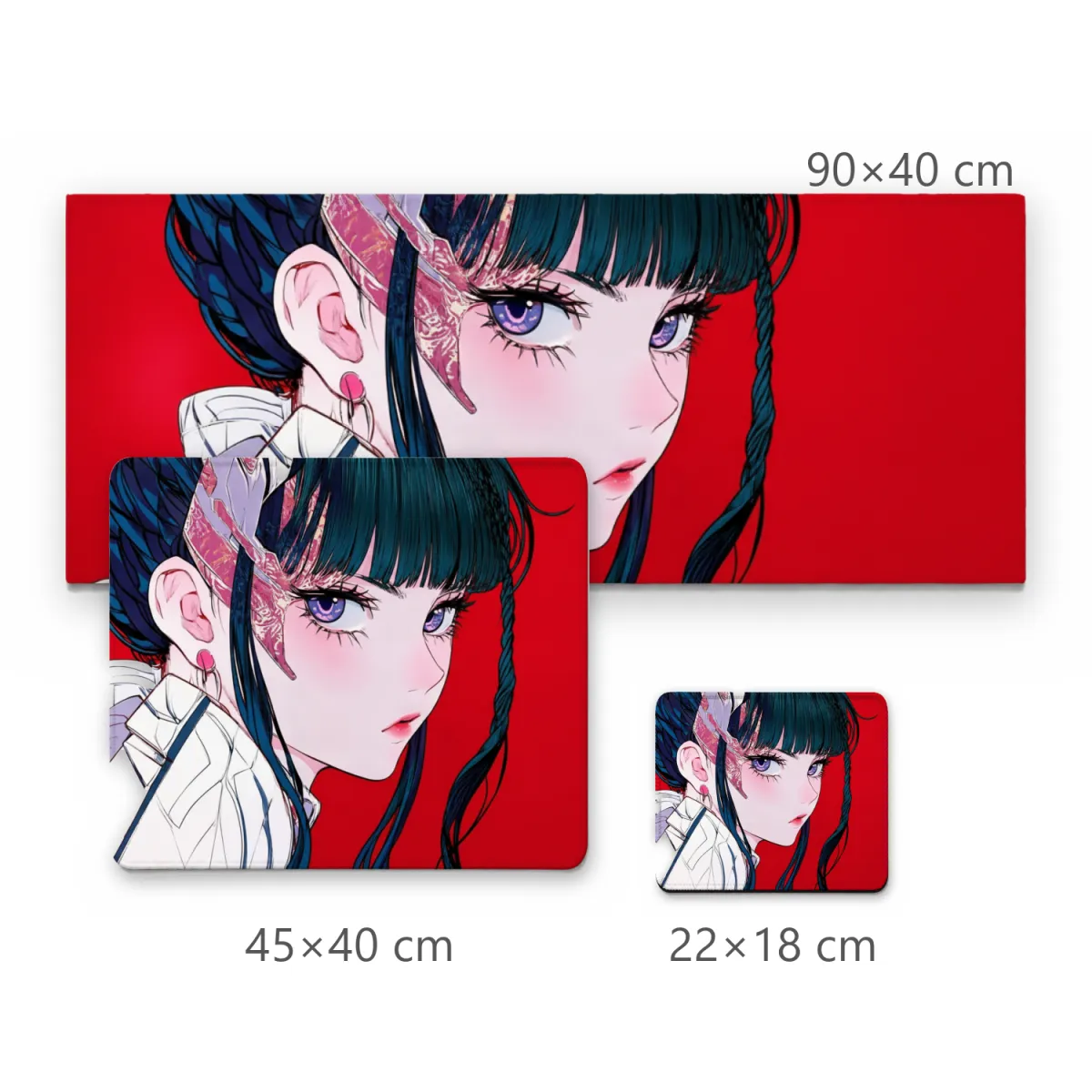 Mousepad Gamer Garota Anime Cabelos Escuros e Olhar Marcante em Fundo Vermelho Intenso