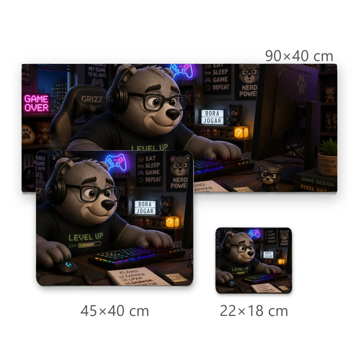 Mousepad Urso Grizzly Gamer com Fone e Teclado RGB no Quarto Nerd