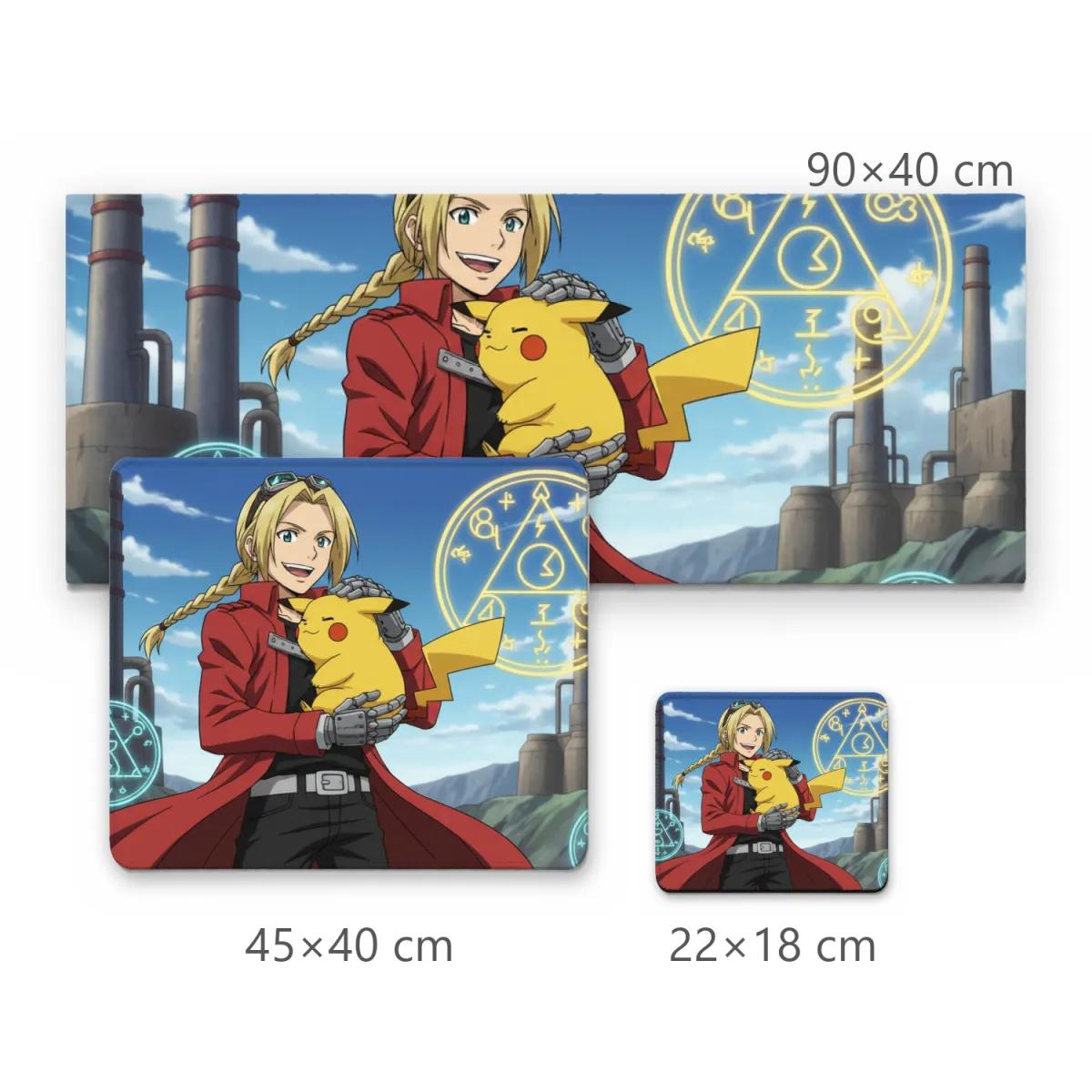Mousepad Gamer Alquimista Loiro Segurando Pikachu com Círculos de Transmutaçāo