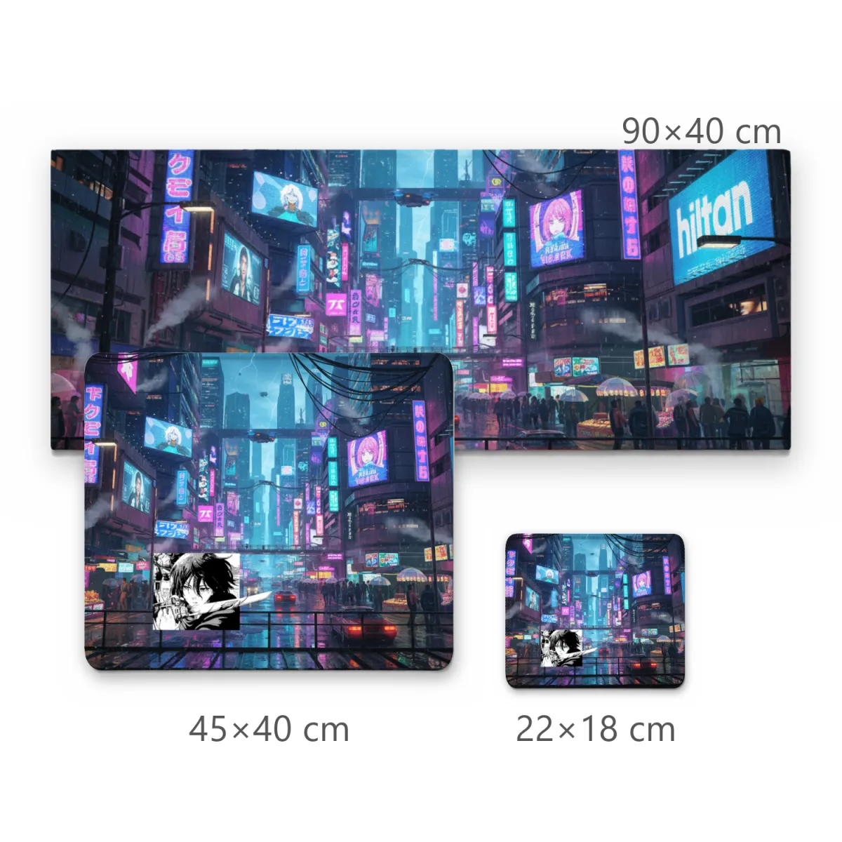 Mousepad Cidade Futurista Cyberpunk com Luzes Neon e Detalhe Anime em Preto e Branco