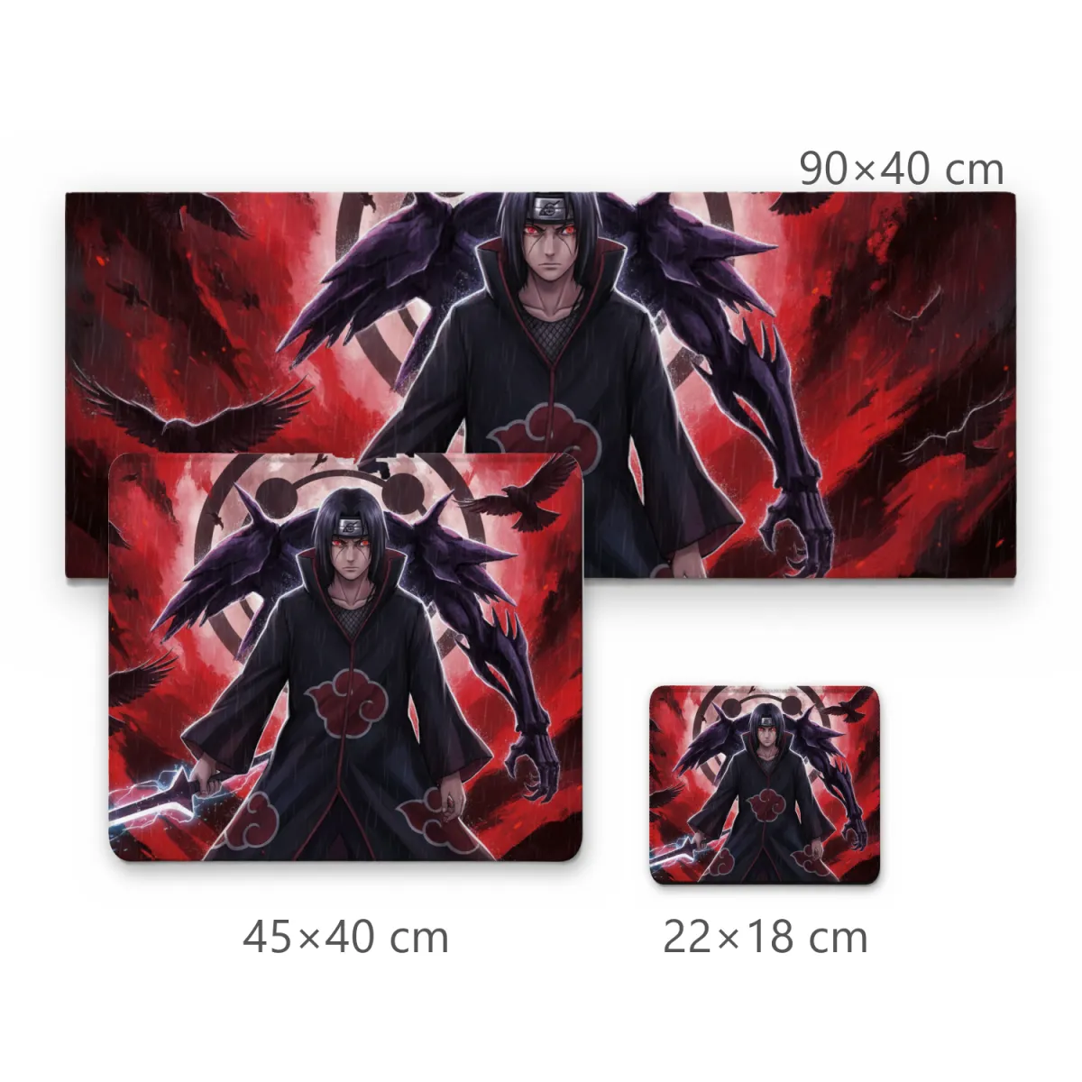 Mousepad Gamer Itachi Uchiha com Manto da Akatsuki e Corvos em Fundo Vermelho