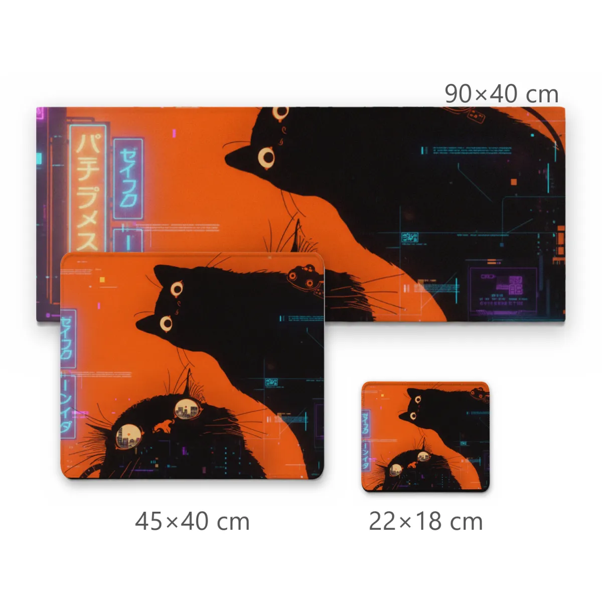 Mousepad Gamer Cyberpunk Gatos Pretos com Elementos Tecnológicos e Fundo Laranja